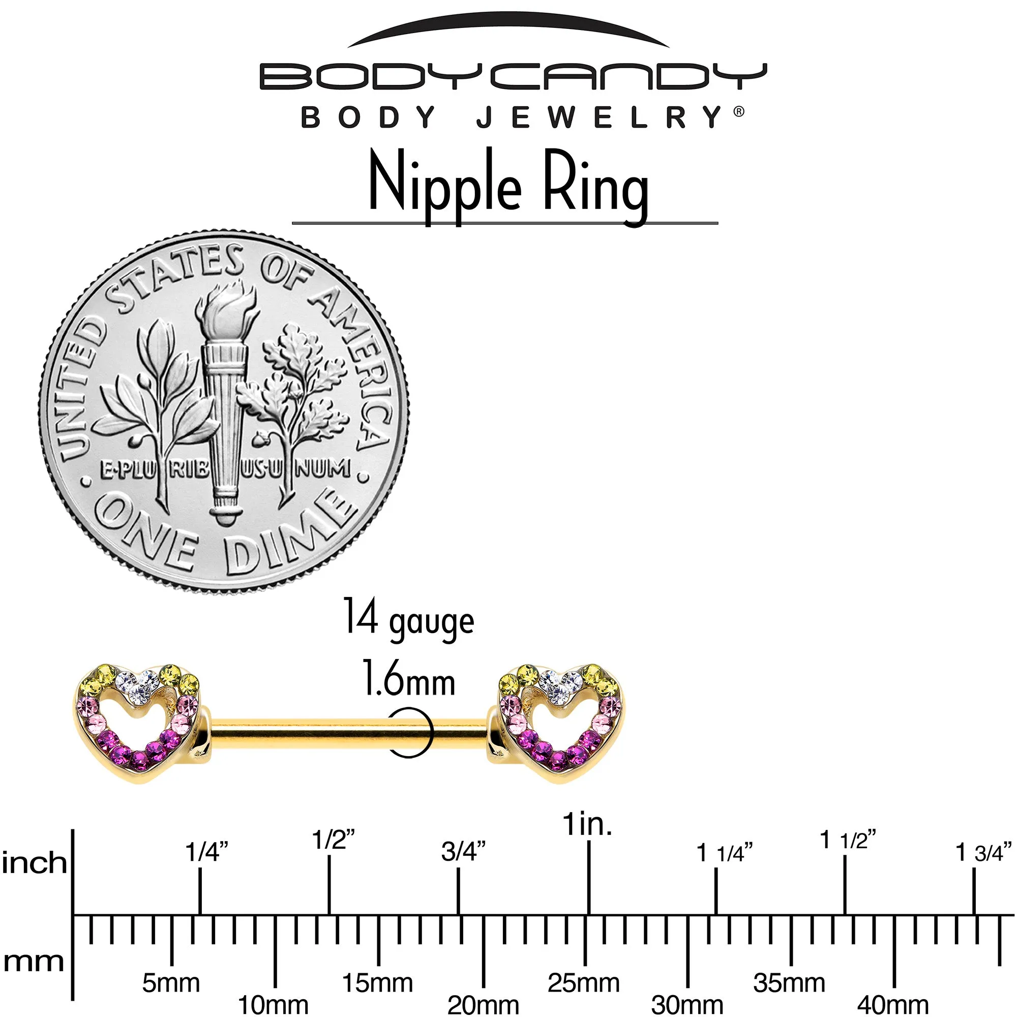 14 Gauge 9/16 Romance Gem Open Heart Barbell Nipple Ring Set