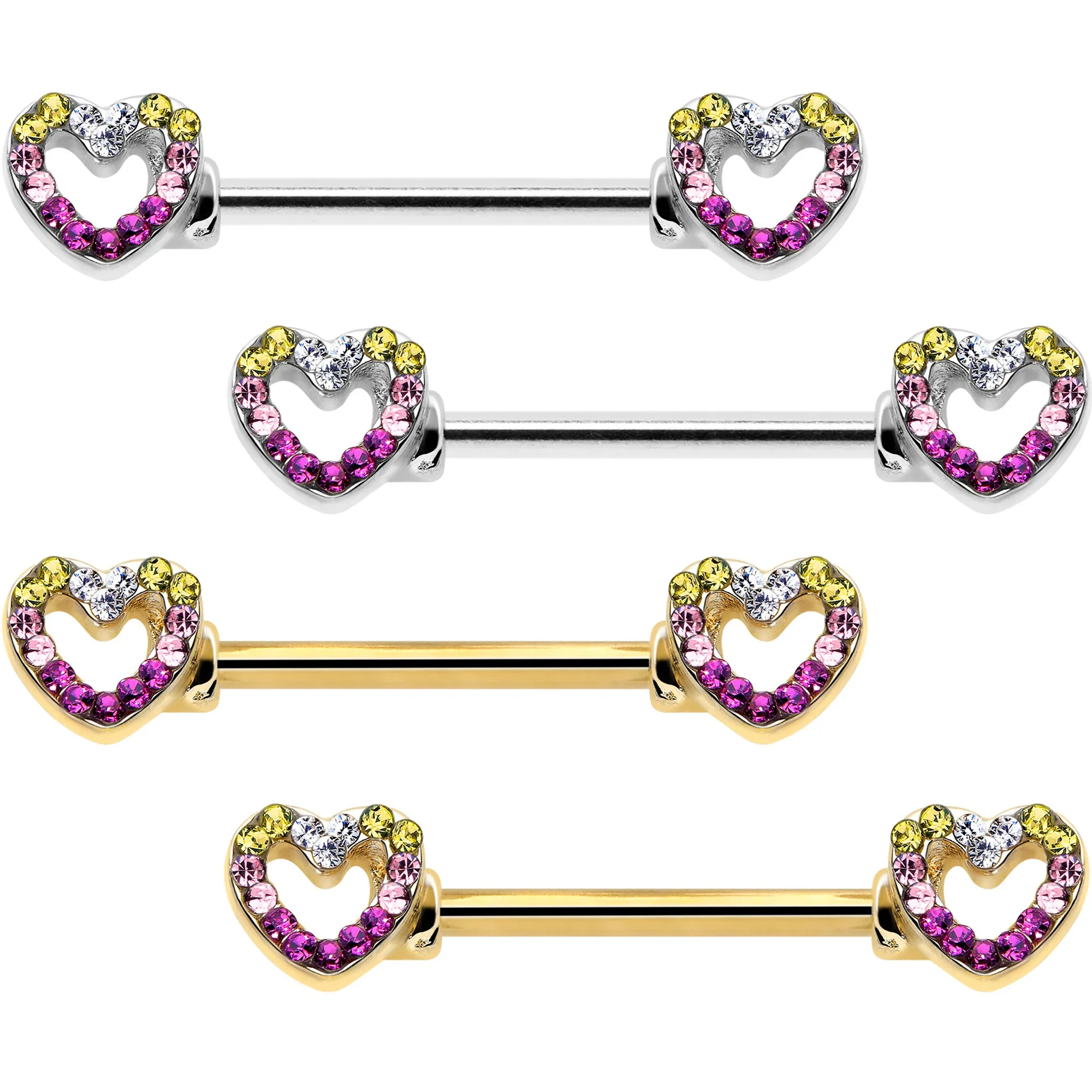 14 Gauge 9/16 Romance Gem Open Heart Barbell Nipple Ring Set