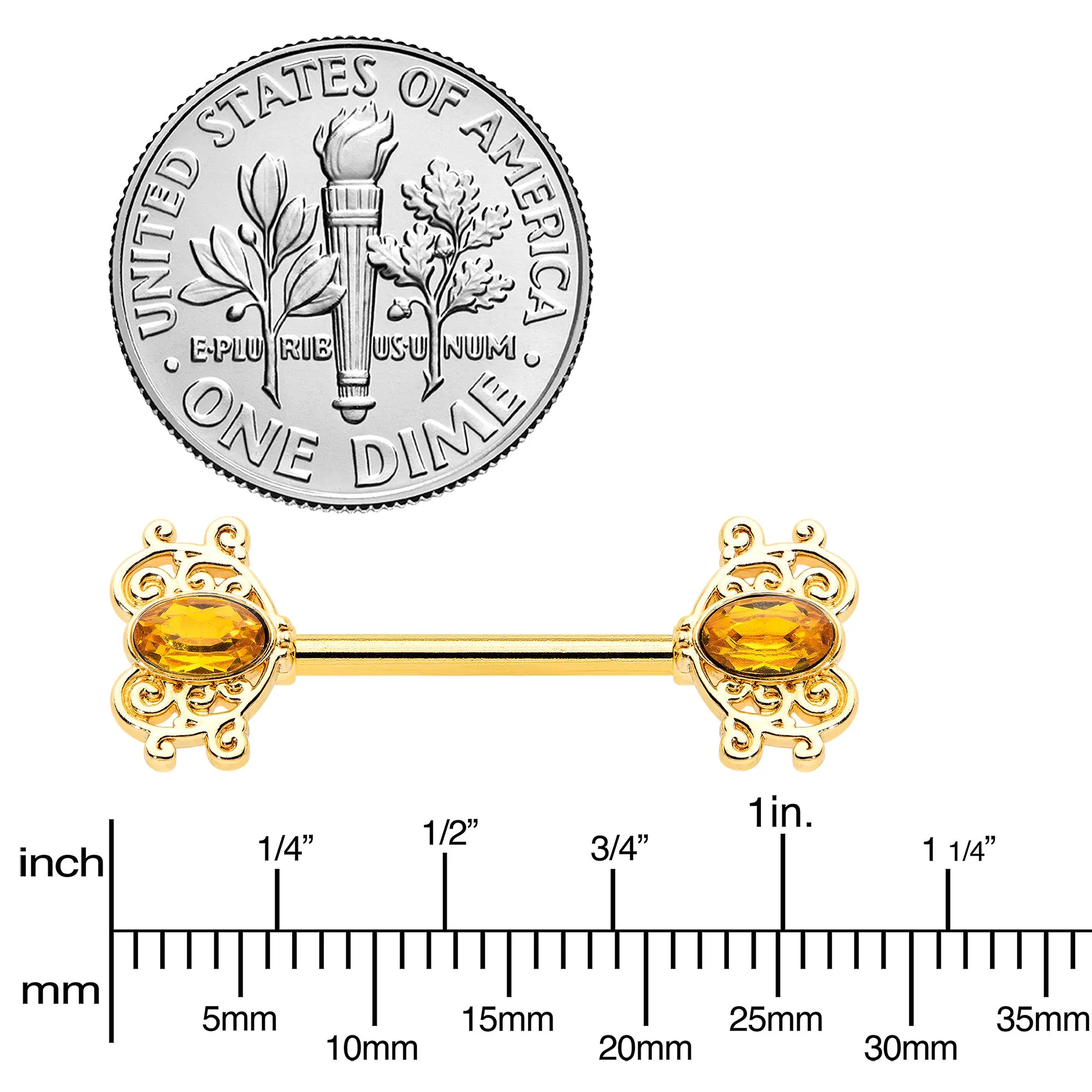 14 Gauge 9/16 Yellow Gem Gold Hue Duet Scroll Barbell Nipple Ring Set
