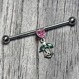14 Gauge Pink Gem Heart And Rose Dangle Industrial Barbell 38mm