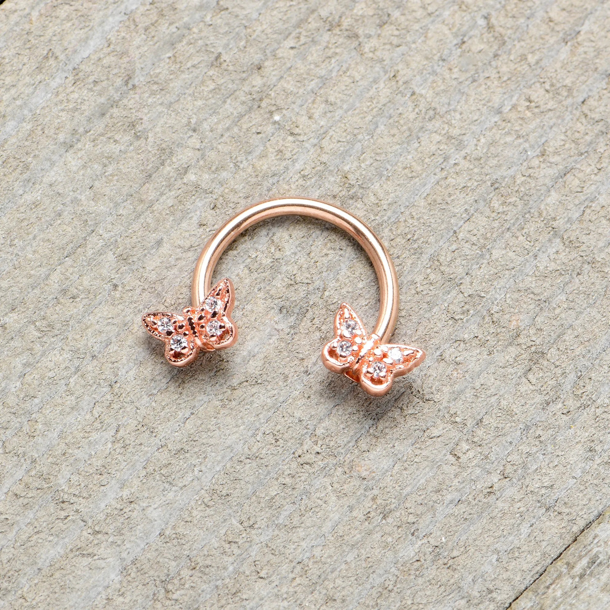16 Gauge 3/8 Clear Gem Rosy Tone Butterfly Horseshoe Circular Barbell