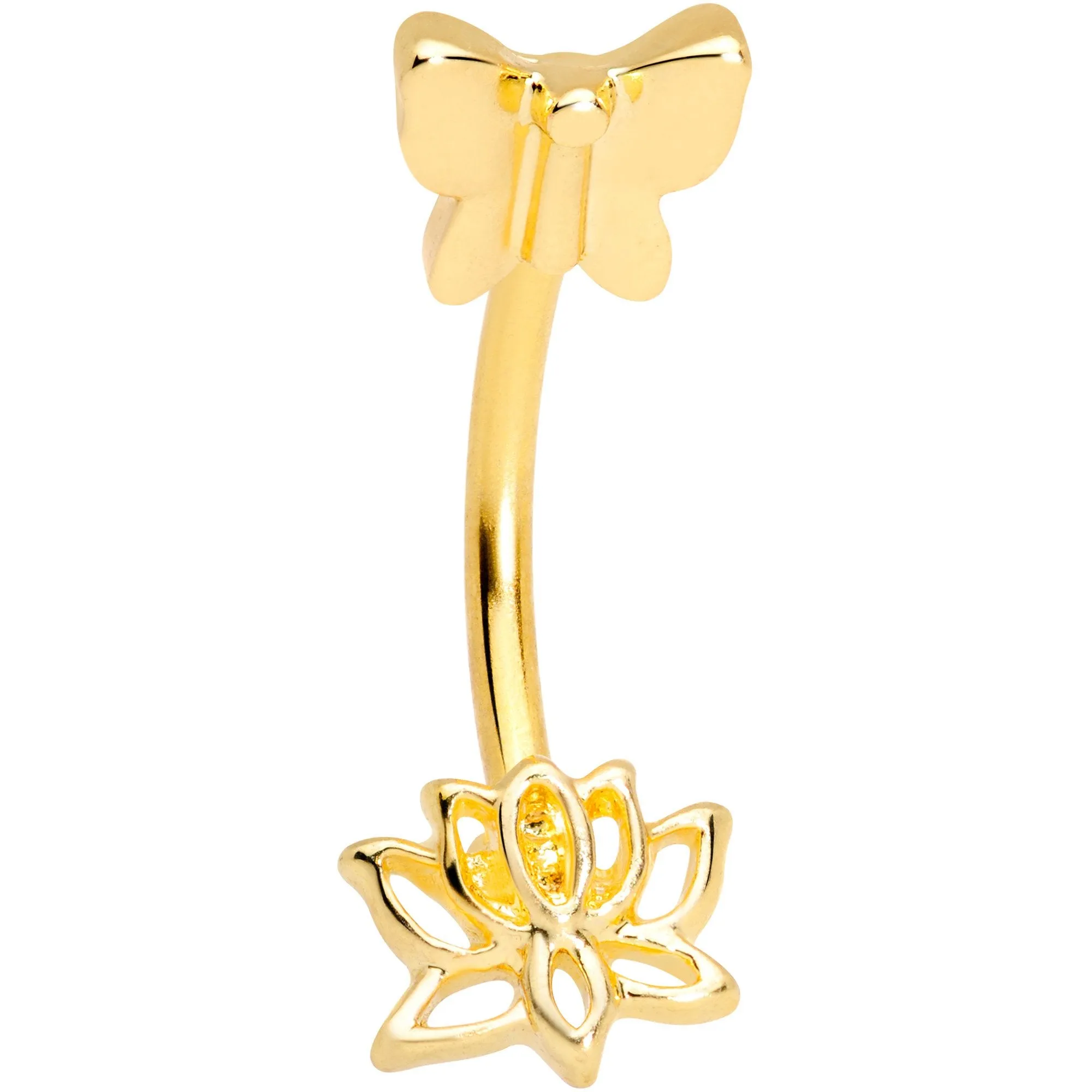 16 Gauge 3/8 Gold Tone Loopy Lotus Flower Butterfly Curved Eyebrow Ring