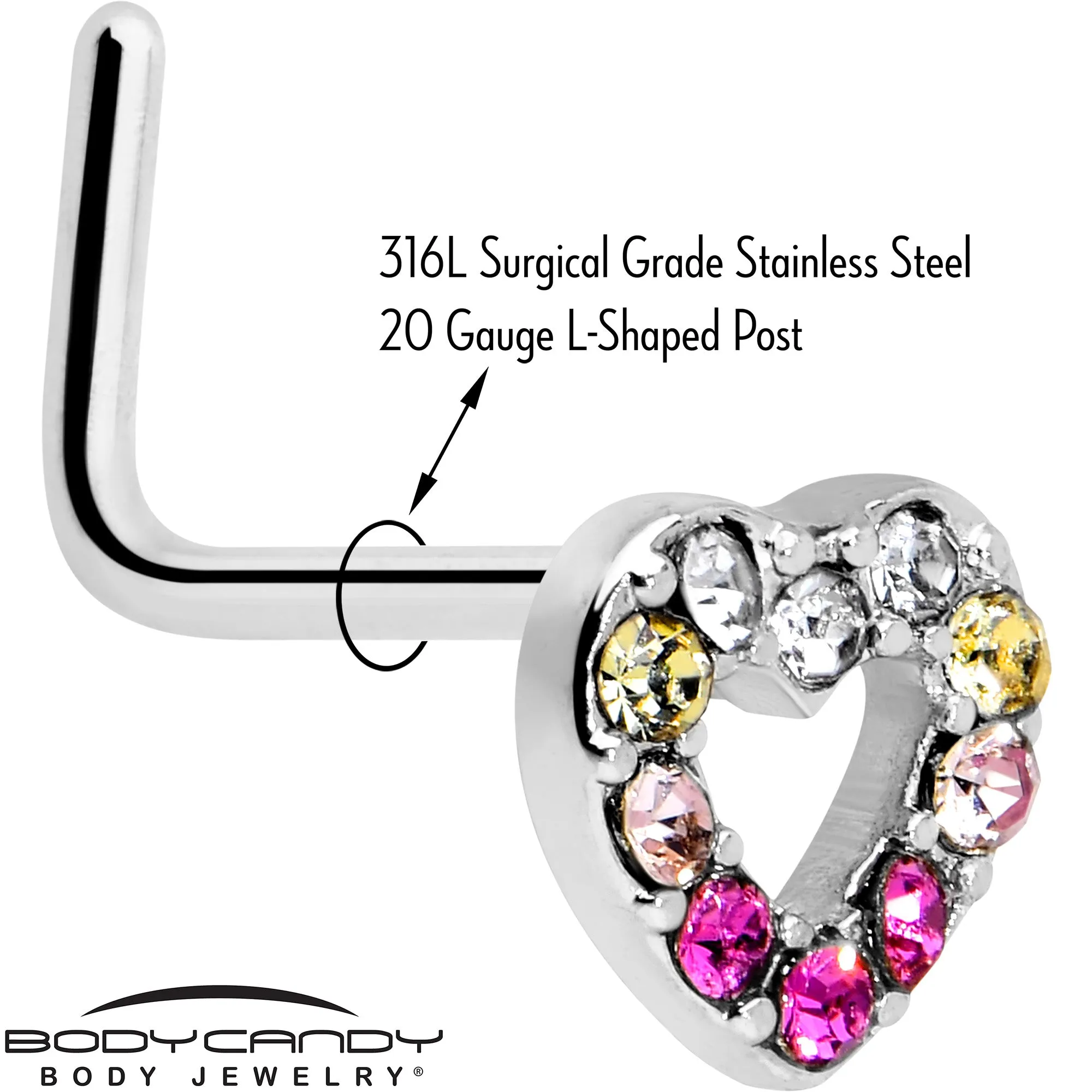 20 Gauge Romance Gem Open Heart L Shape Nose Ring