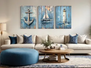 3 Piece Coastal Wall Art - Rustic Paintings Of Lighthouse, Sail Boat And Ship Anchor