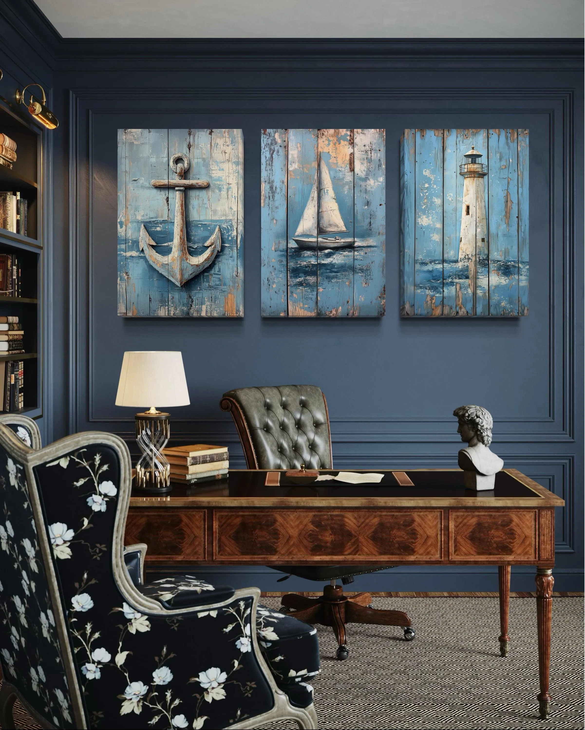3 Piece Coastal Wall Art - Rustic Paintings Of Lighthouse, Sail Boat And Ship Anchor