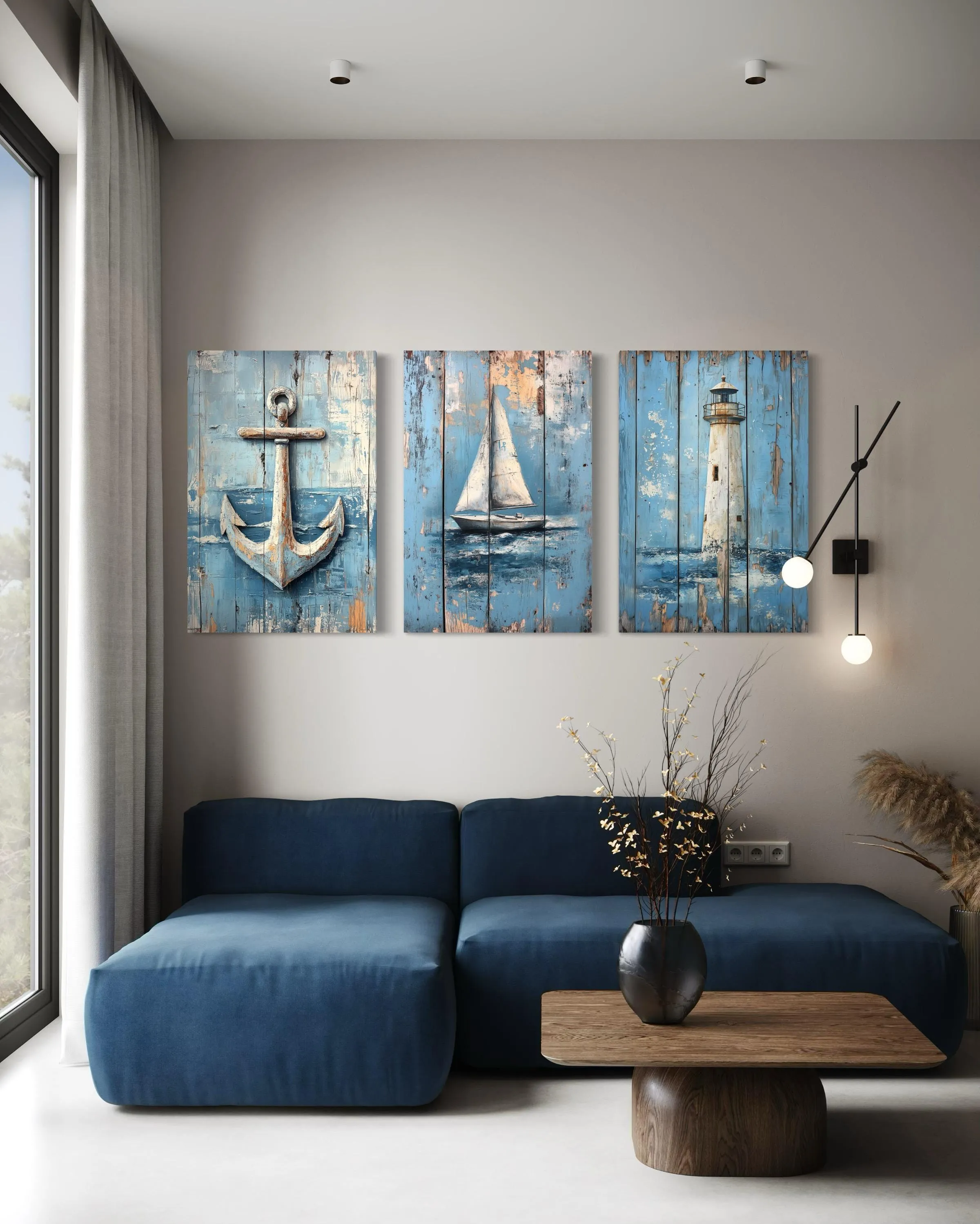 3 Piece Coastal Wall Art - Rustic Paintings Of Lighthouse, Sail Boat And Ship Anchor