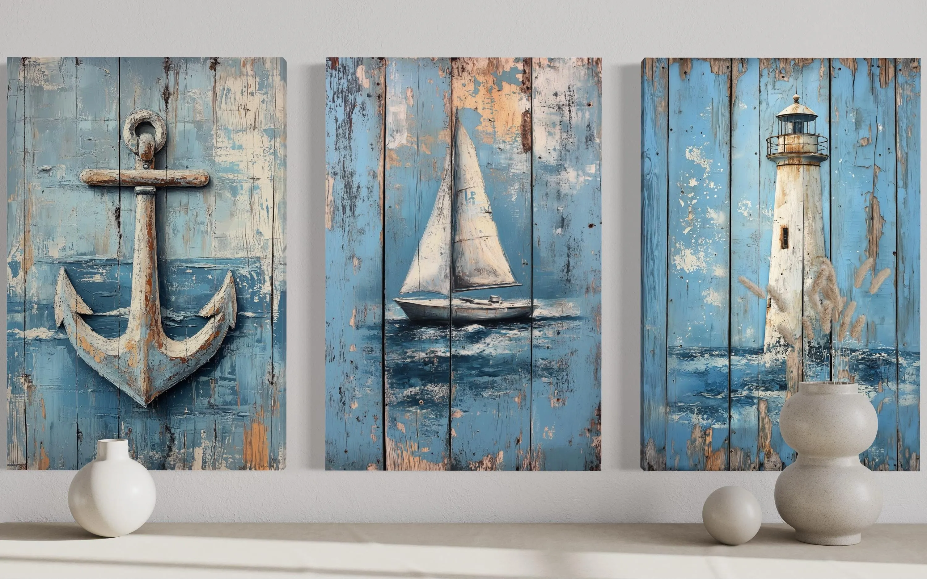 3 Piece Coastal Wall Art - Rustic Paintings Of Lighthouse, Sail Boat And Ship Anchor