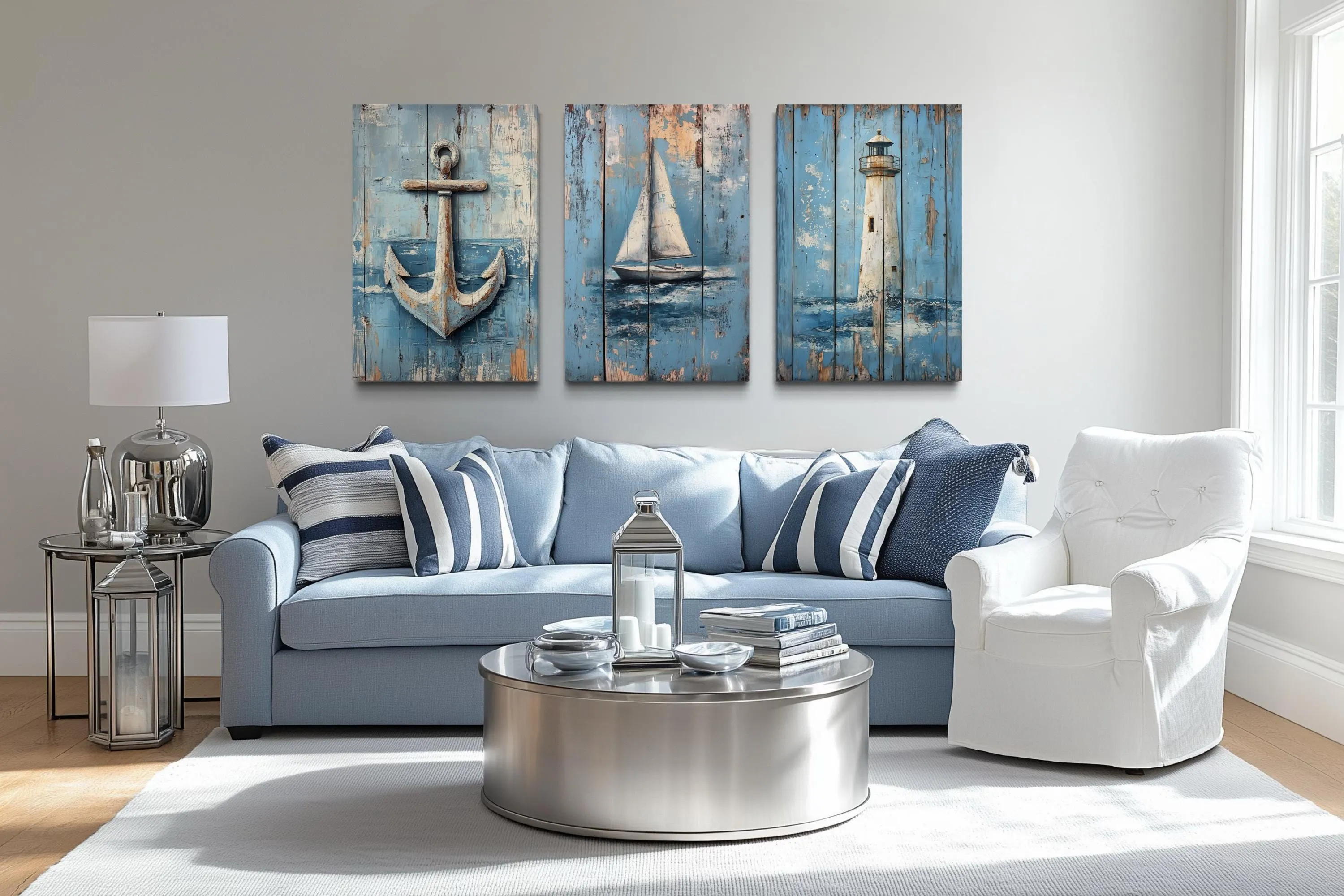 3 Piece Coastal Wall Art - Rustic Paintings Of Lighthouse, Sail Boat And Ship Anchor