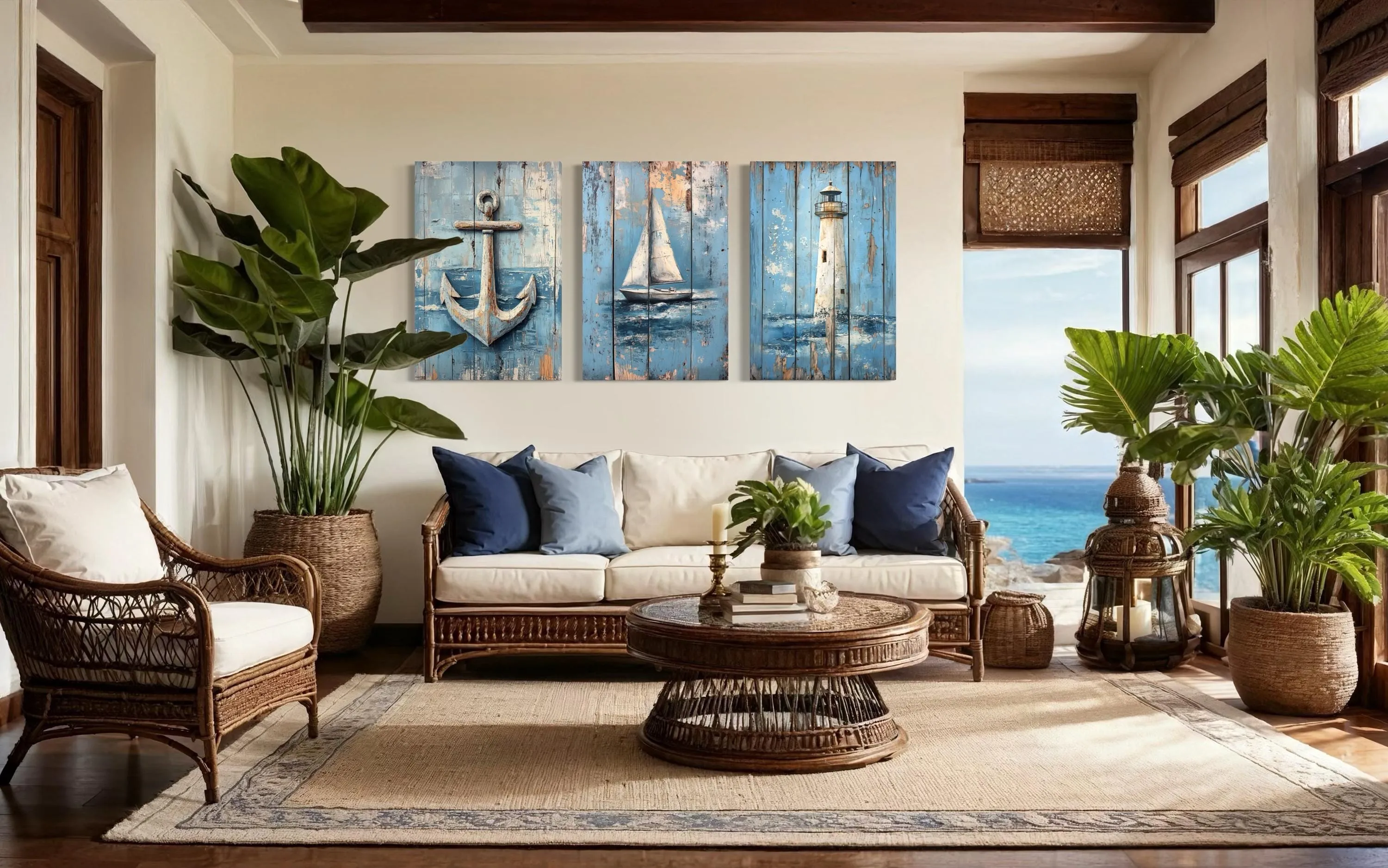 3 Piece Coastal Wall Art - Rustic Paintings Of Lighthouse, Sail Boat And Ship Anchor
