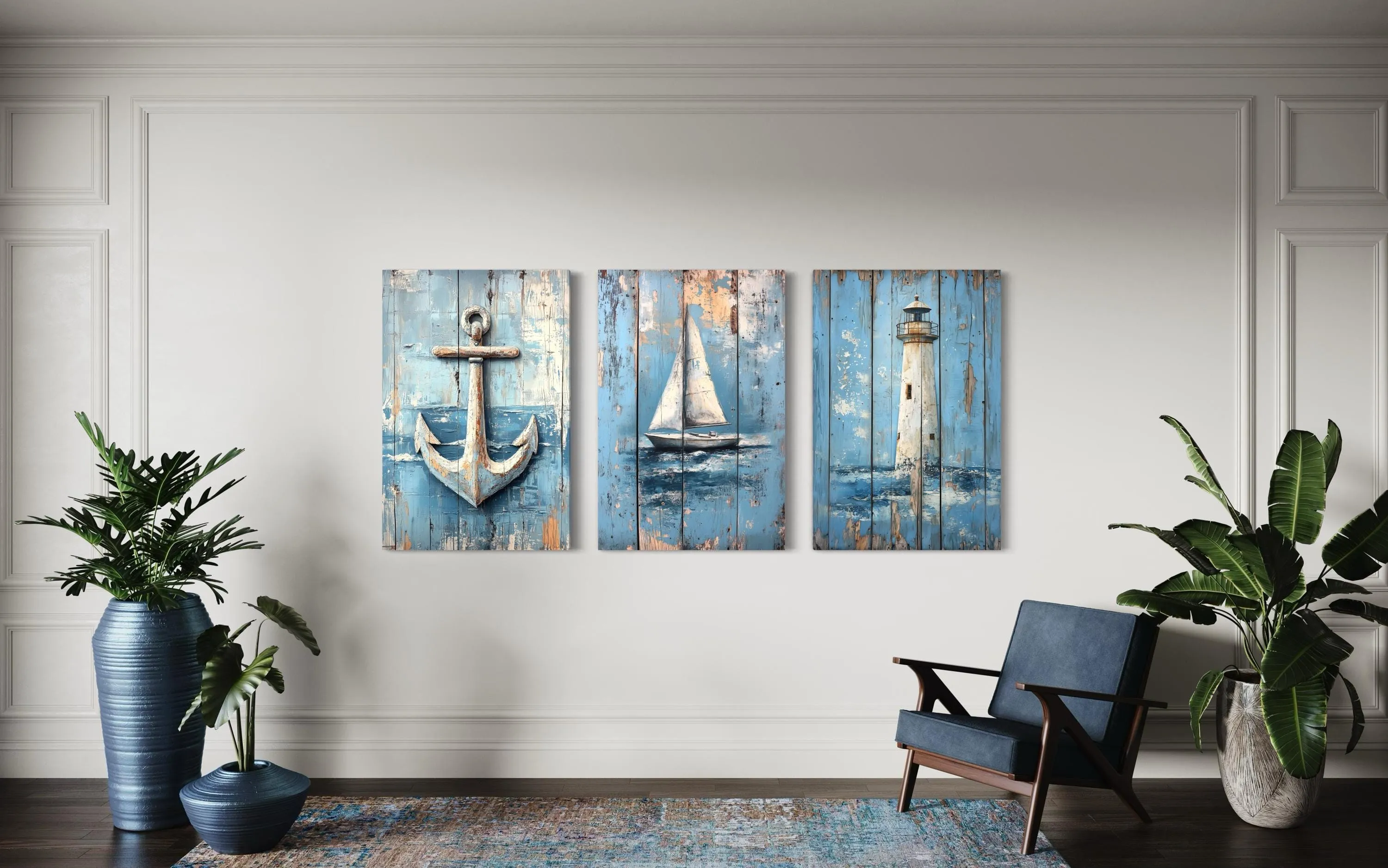 3 Piece Coastal Wall Art - Rustic Paintings Of Lighthouse, Sail Boat And Ship Anchor