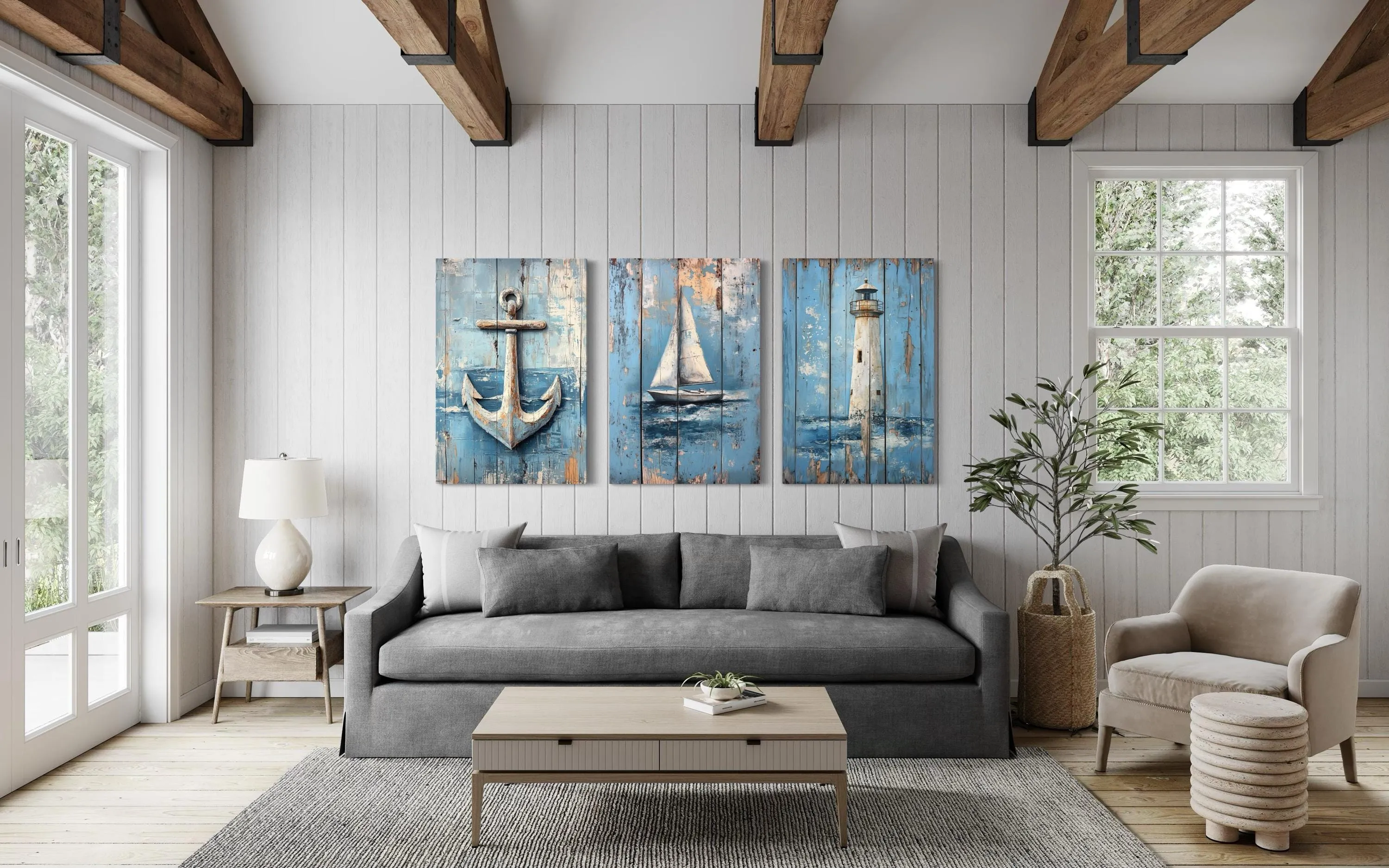 3 Piece Coastal Wall Art - Rustic Paintings Of Lighthouse, Sail Boat And Ship Anchor