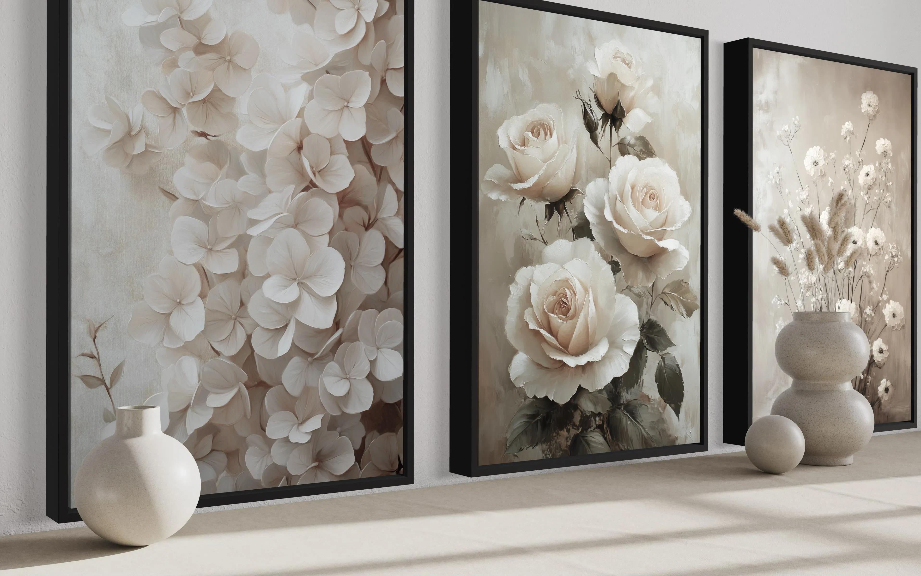 3 Piece Neutral Boho Floral Farmhouse Framed Canvas Wall Art