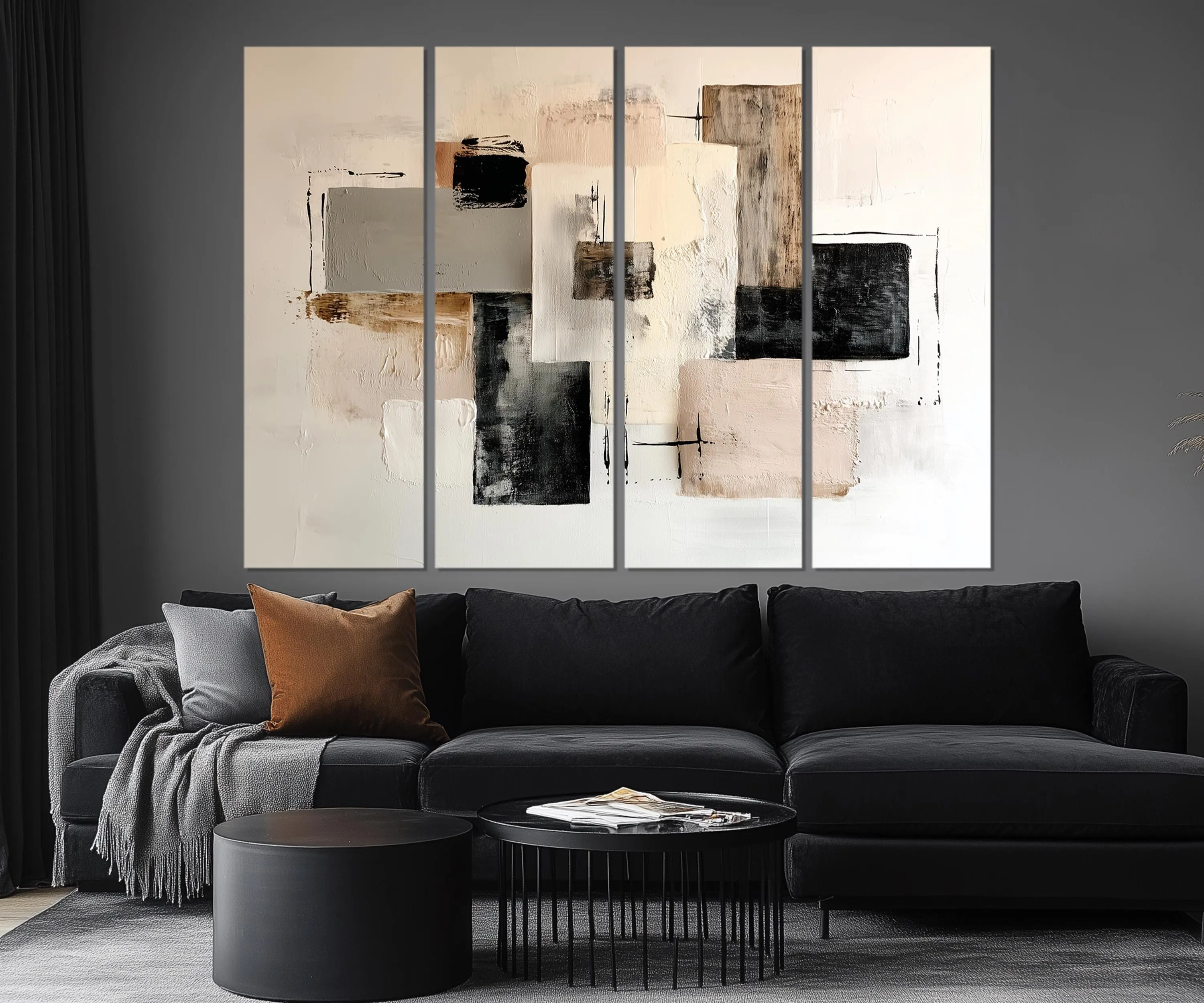5 Piece Neutral Modern Minimalist Beige Black Taupe Abstract Wall Art