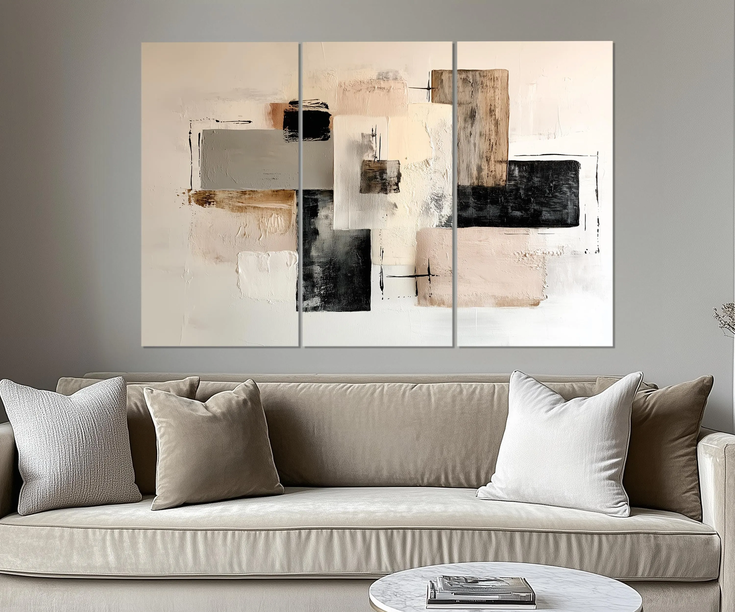 5 Piece Neutral Modern Minimalist Beige Black Taupe Abstract Wall Art