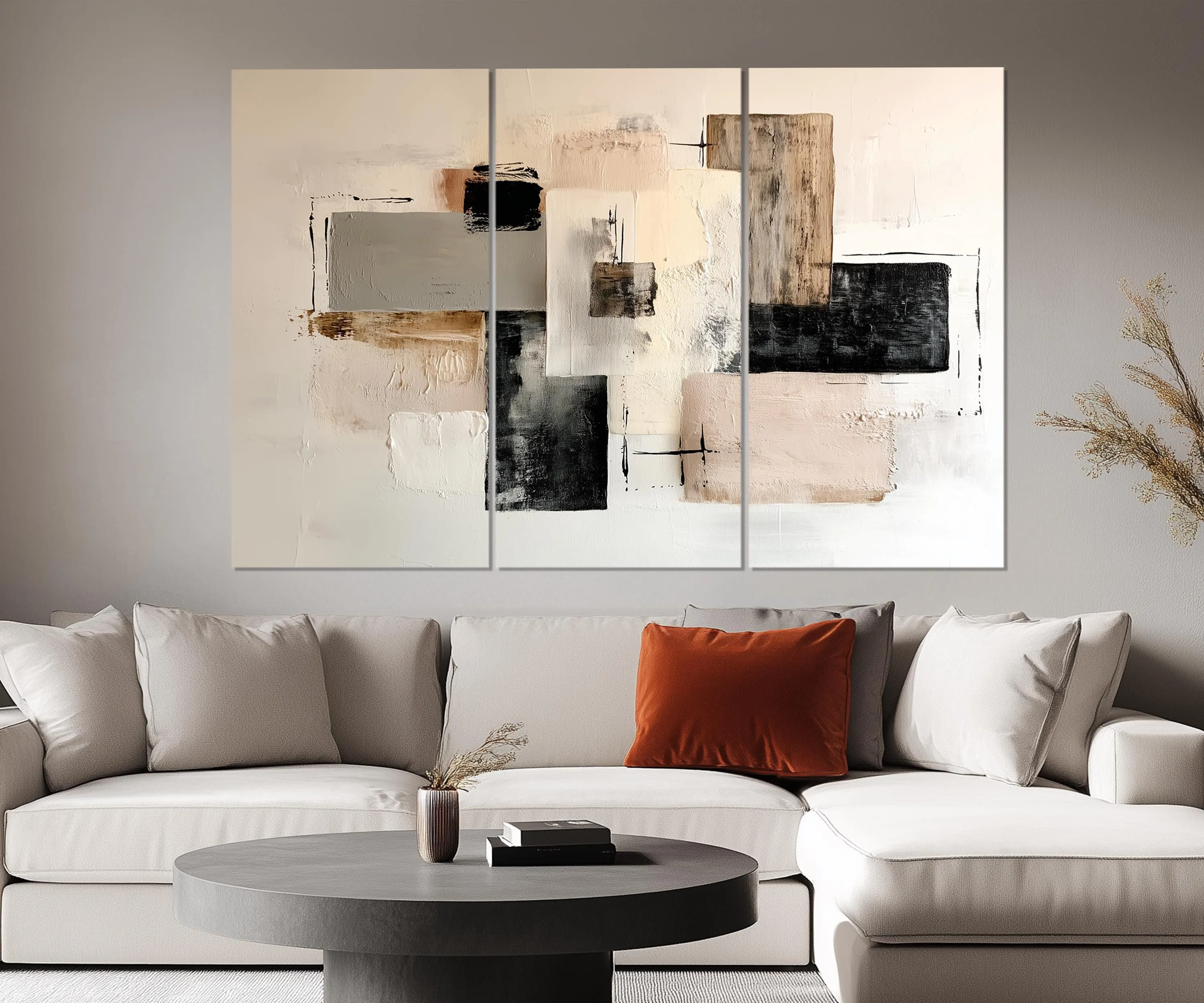 5 Piece Neutral Modern Minimalist Beige Black Taupe Abstract Wall Art