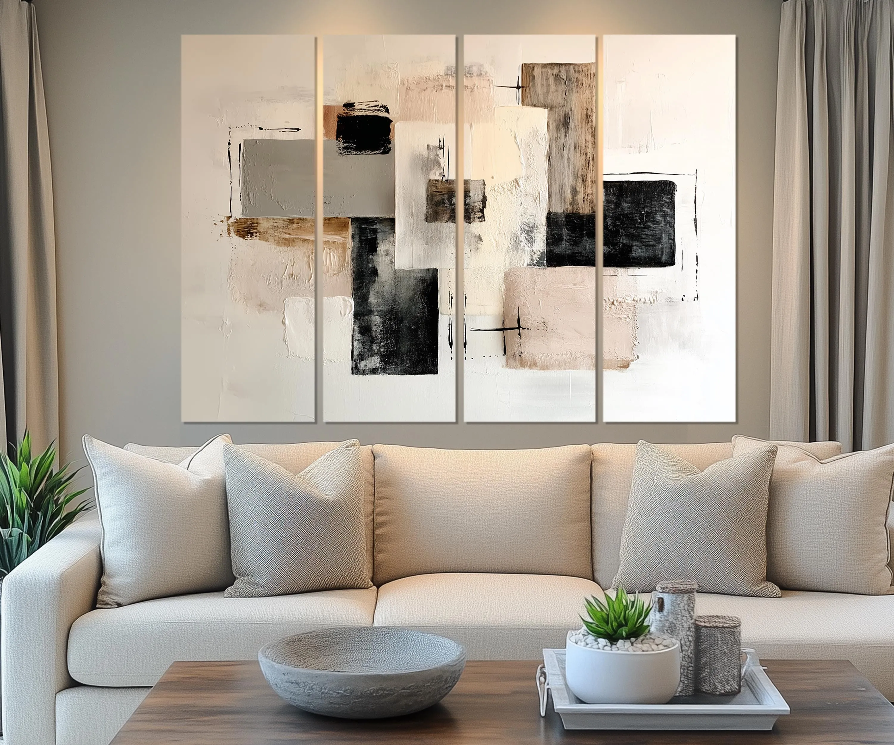 5 Piece Neutral Modern Minimalist Beige Black Taupe Abstract Wall Art