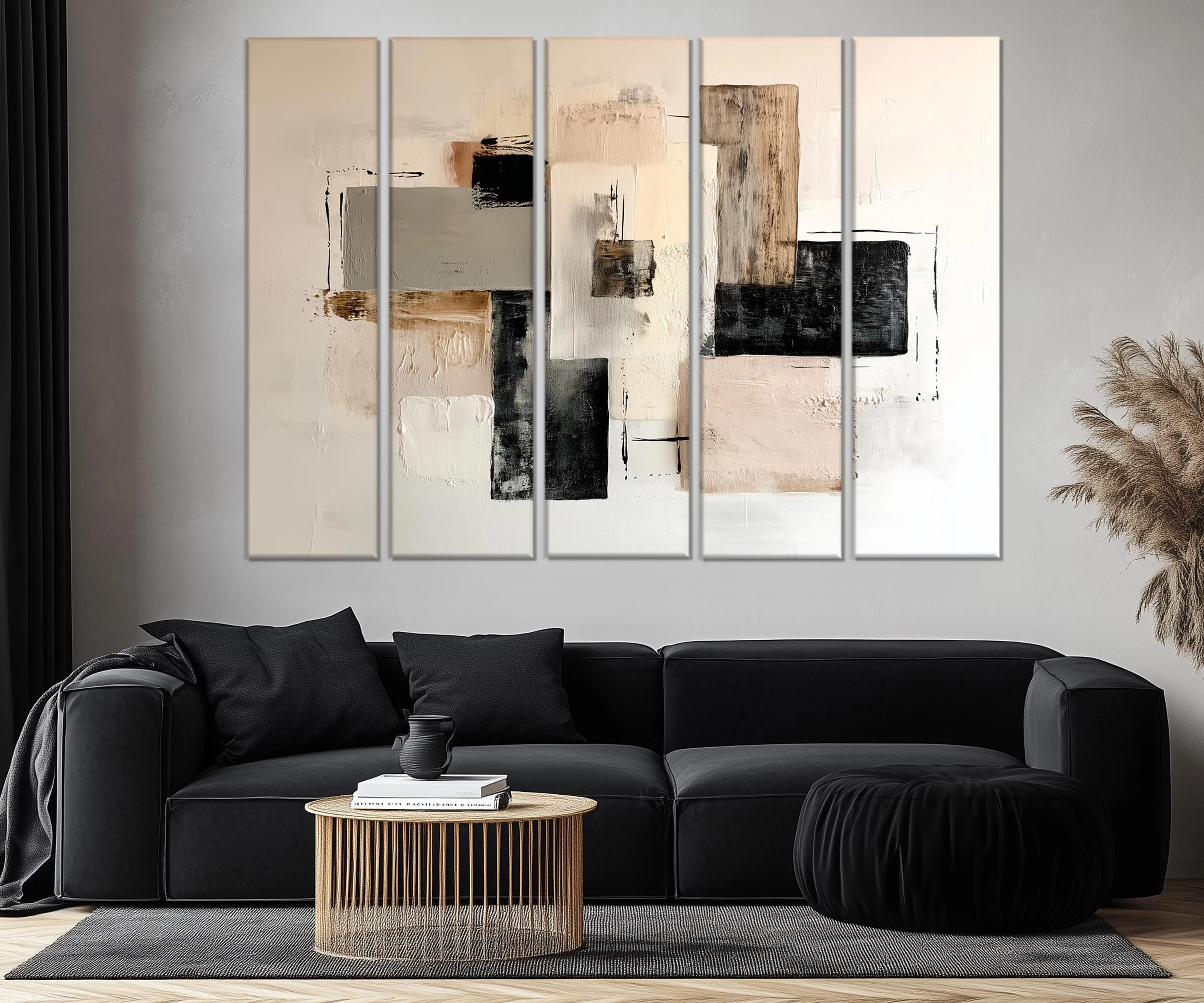 5 Piece Neutral Modern Minimalist Beige Black Taupe Abstract Wall Art