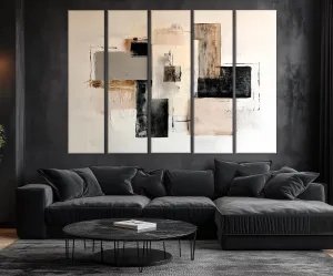 5 Piece Neutral Modern Minimalist Beige Black Taupe Abstract Wall Art