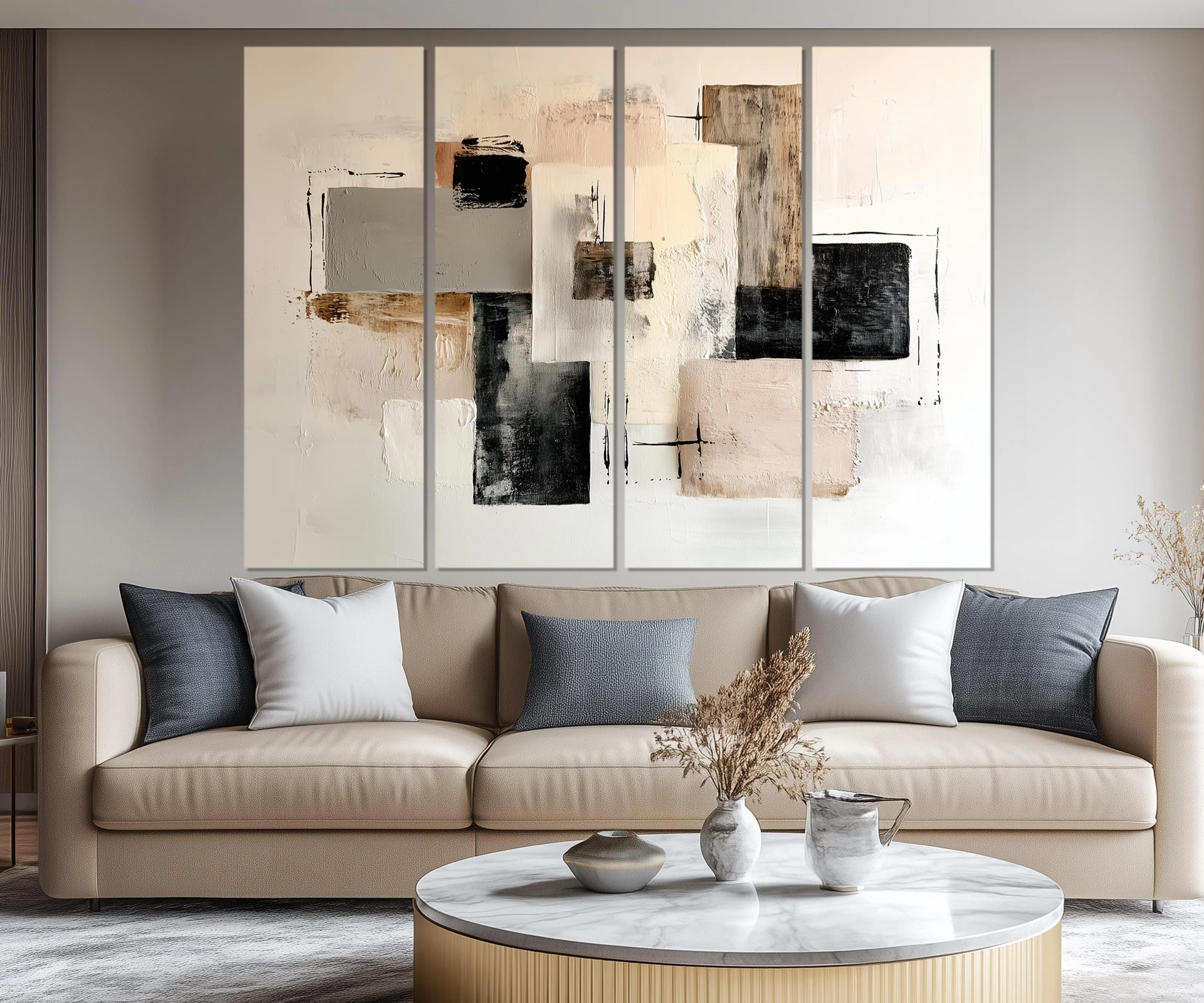 5 Piece Neutral Modern Minimalist Beige Black Taupe Abstract Wall Art