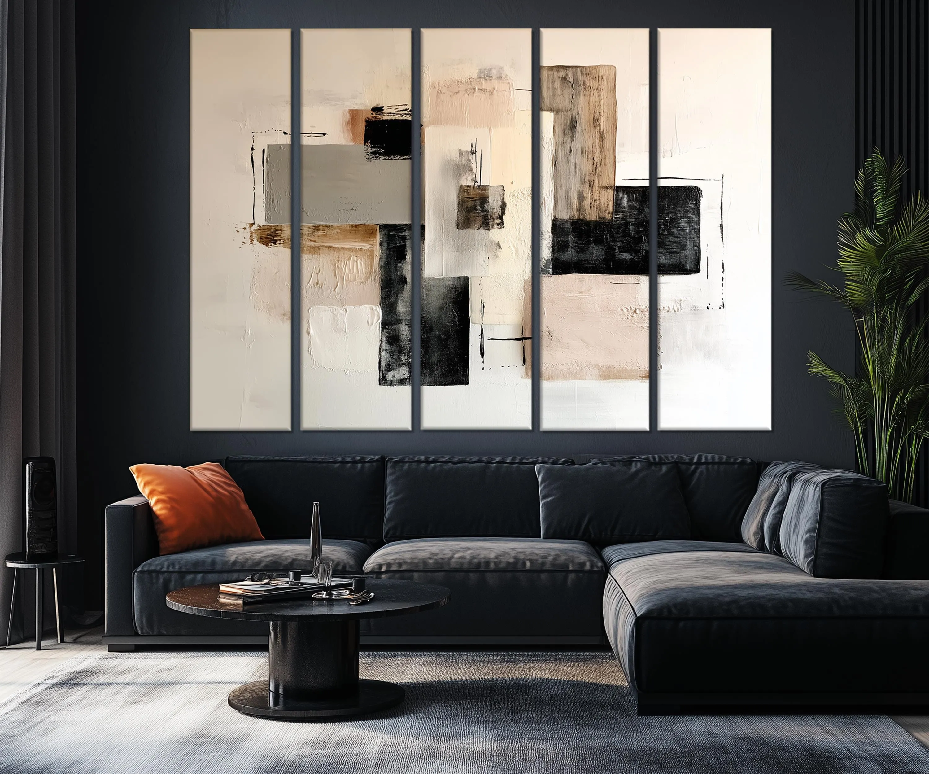 5 Piece Neutral Modern Minimalist Beige Black Taupe Abstract Wall Art