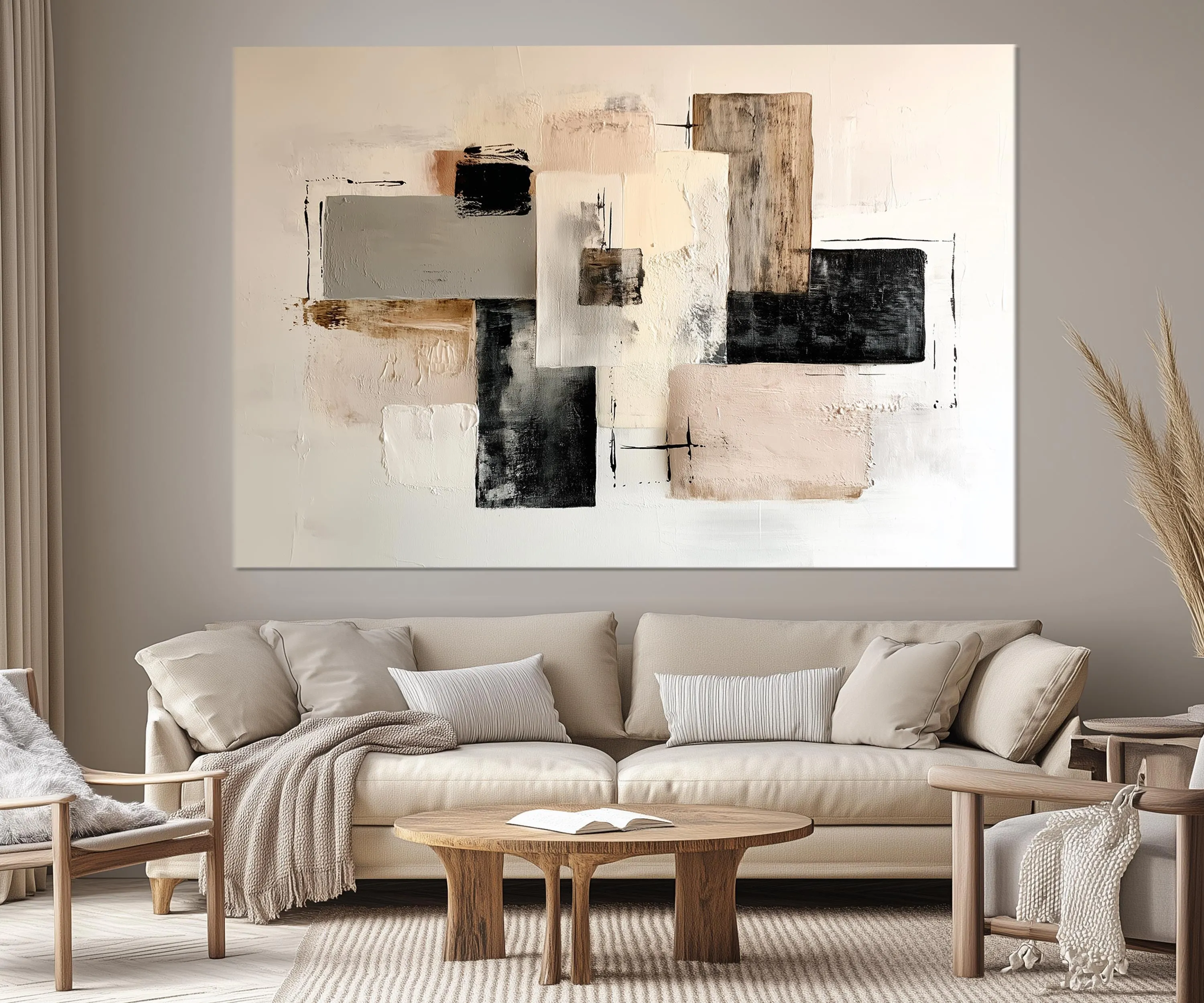 5 Piece Neutral Modern Minimalist Beige Black Taupe Abstract Wall Art