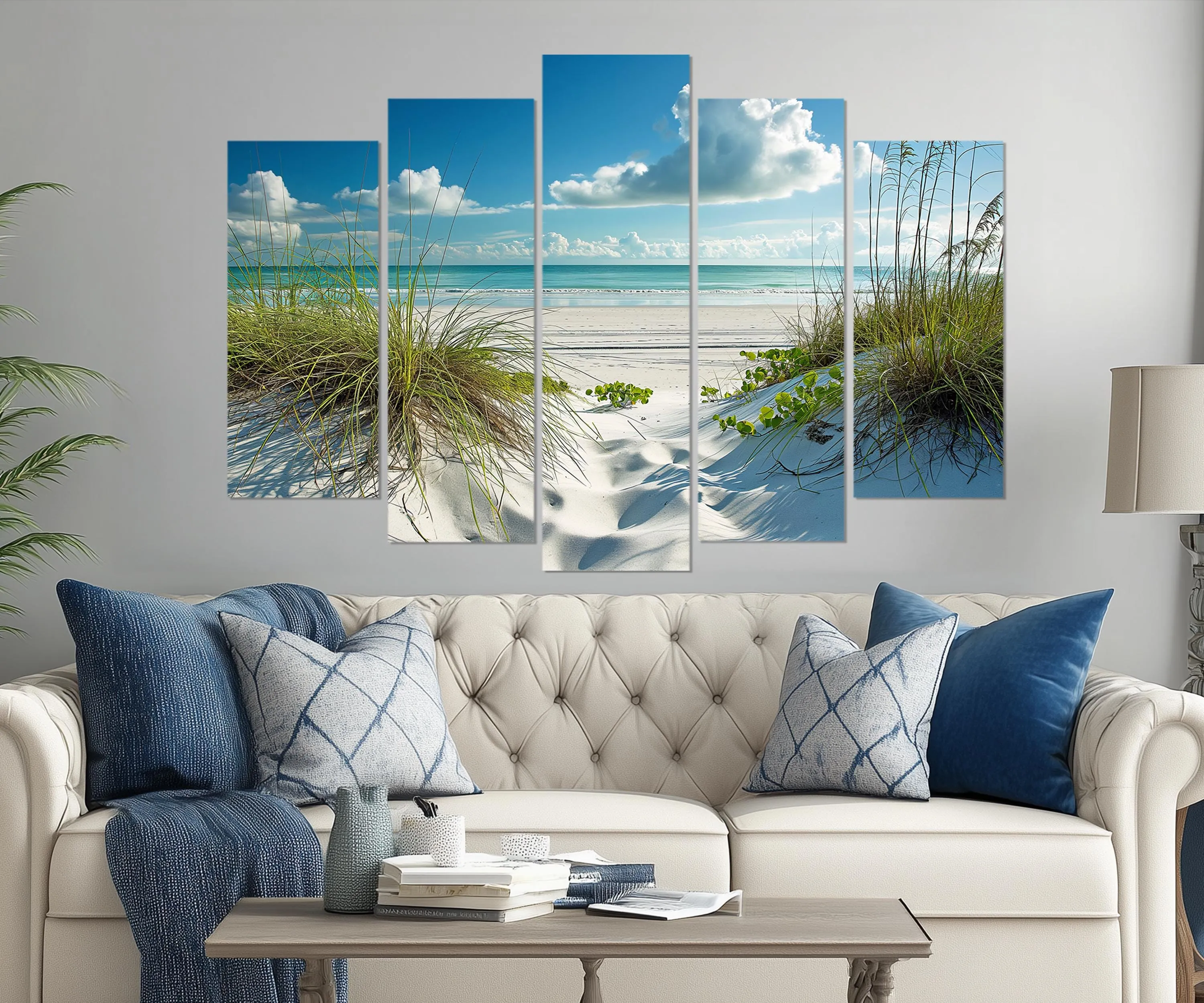 5 Piece White Sand Beach And Sea Grass Dunes Wall Art