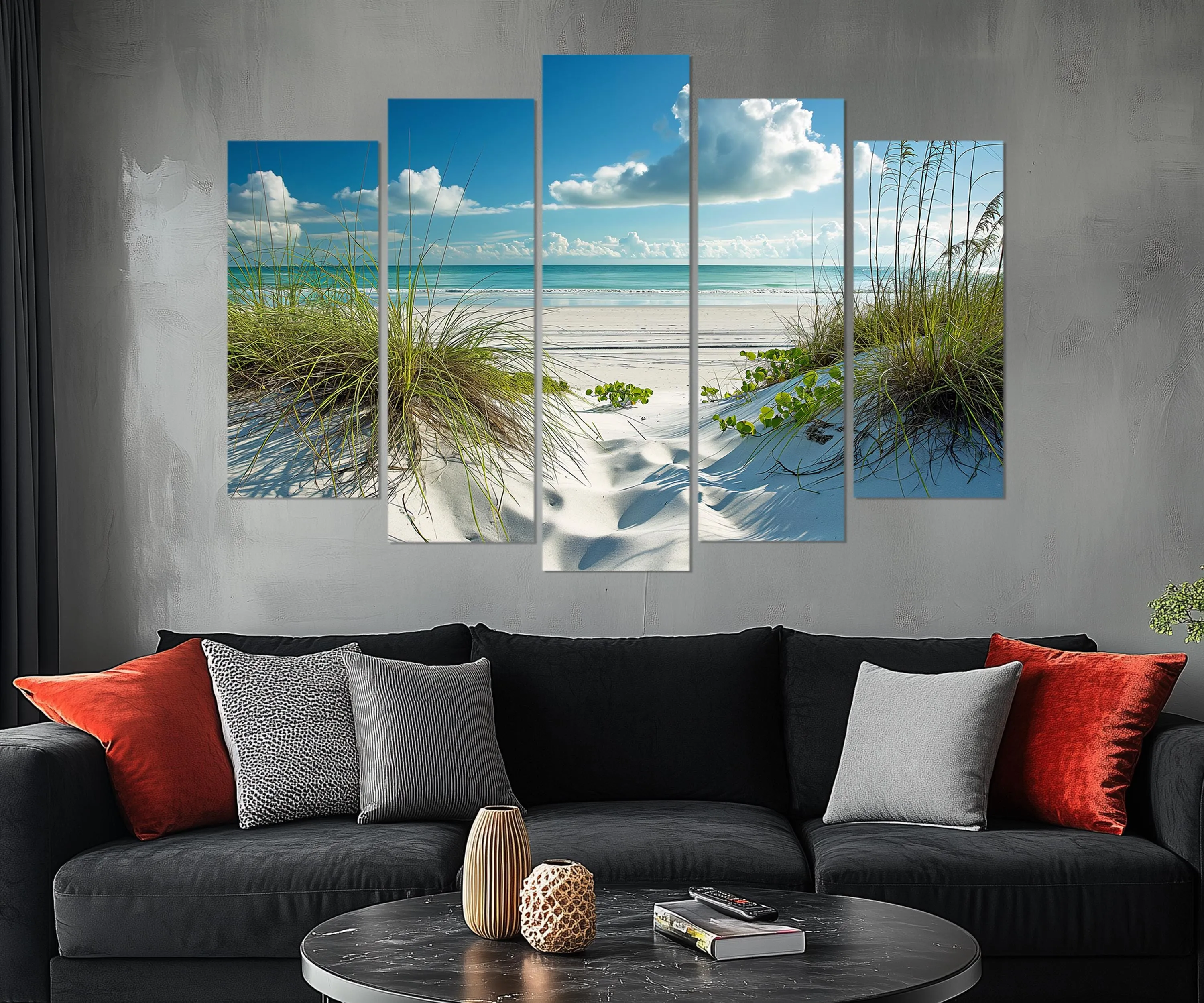 5 Piece White Sand Beach And Sea Grass Dunes Wall Art