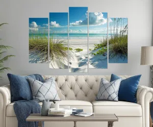 5 Piece White Sand Beach And Sea Grass Dunes Wall Art