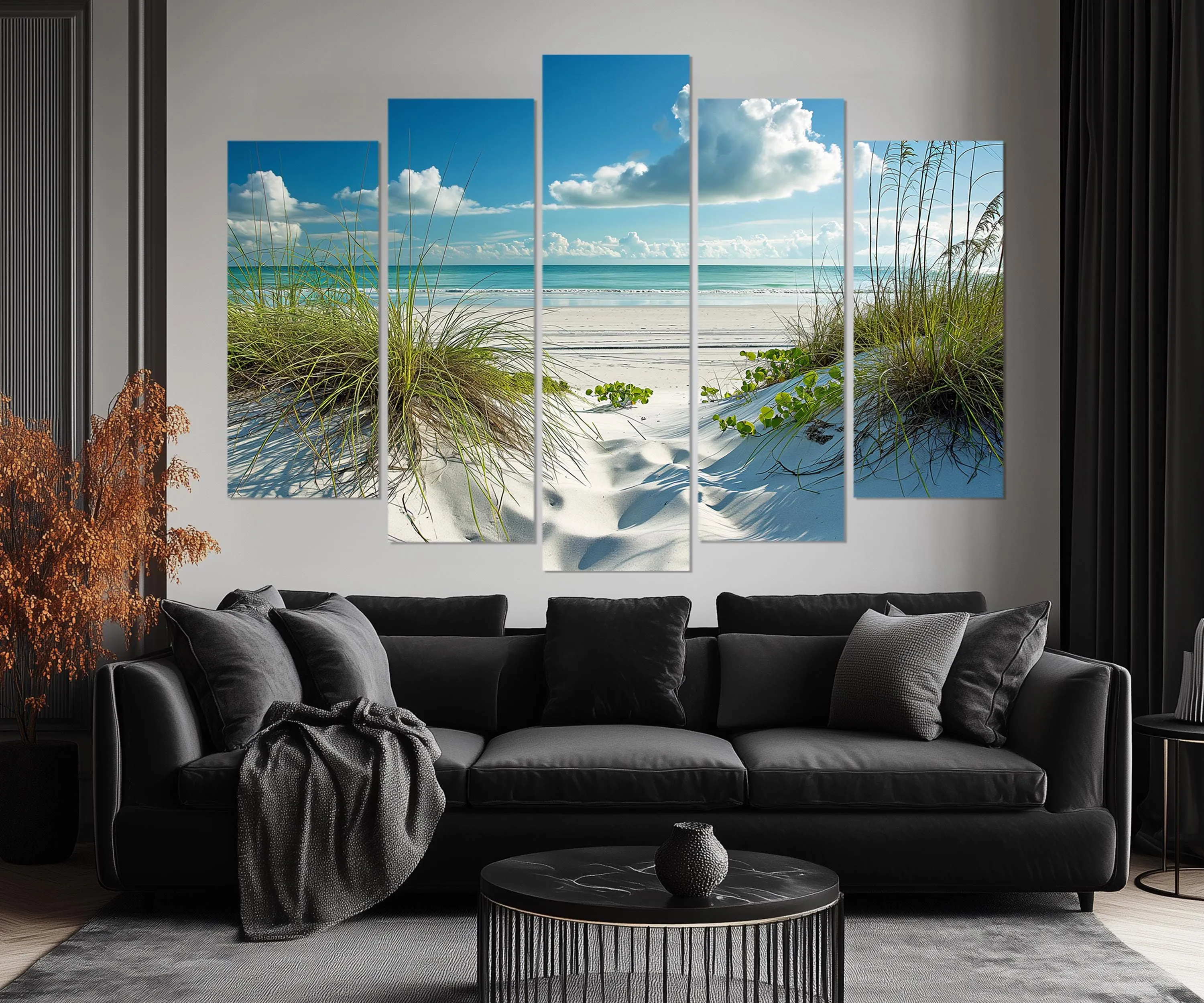 5 Piece White Sand Beach And Sea Grass Dunes Wall Art