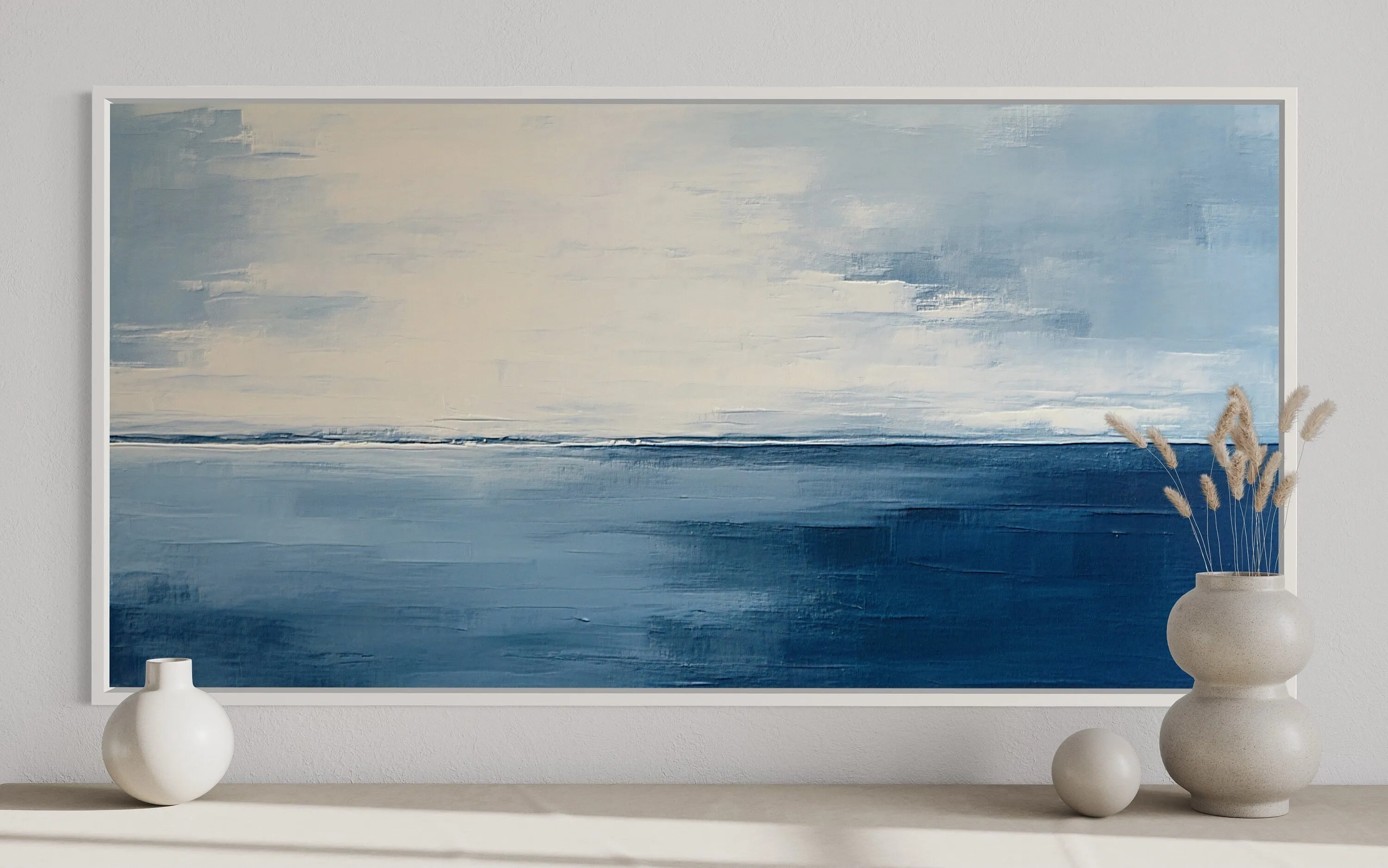 Abstract Minimalist Ocean Navy Blue Grey Framed Canvas Wall Art