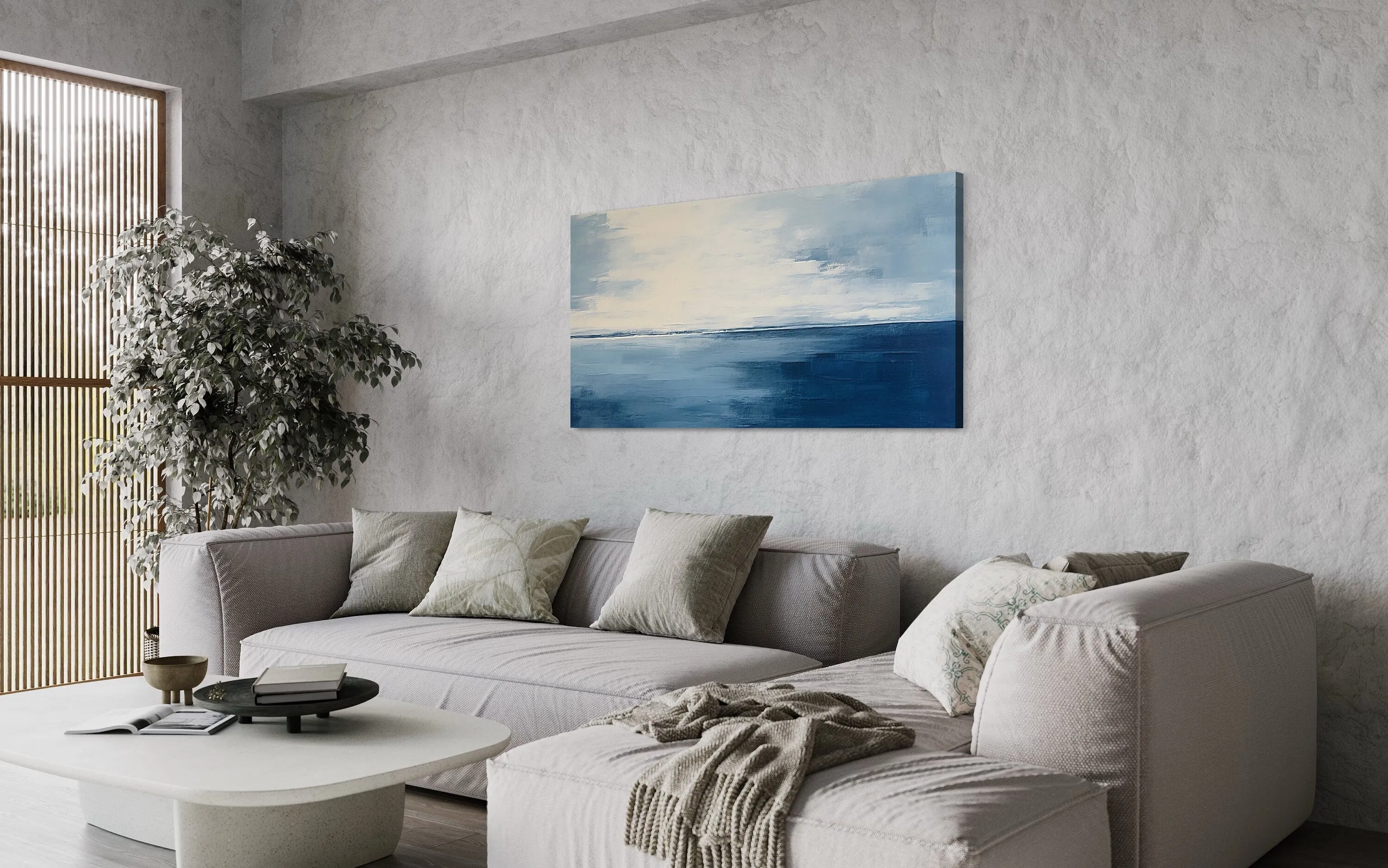 Abstract Minimalist Ocean Navy Blue Grey Framed Canvas Wall Art