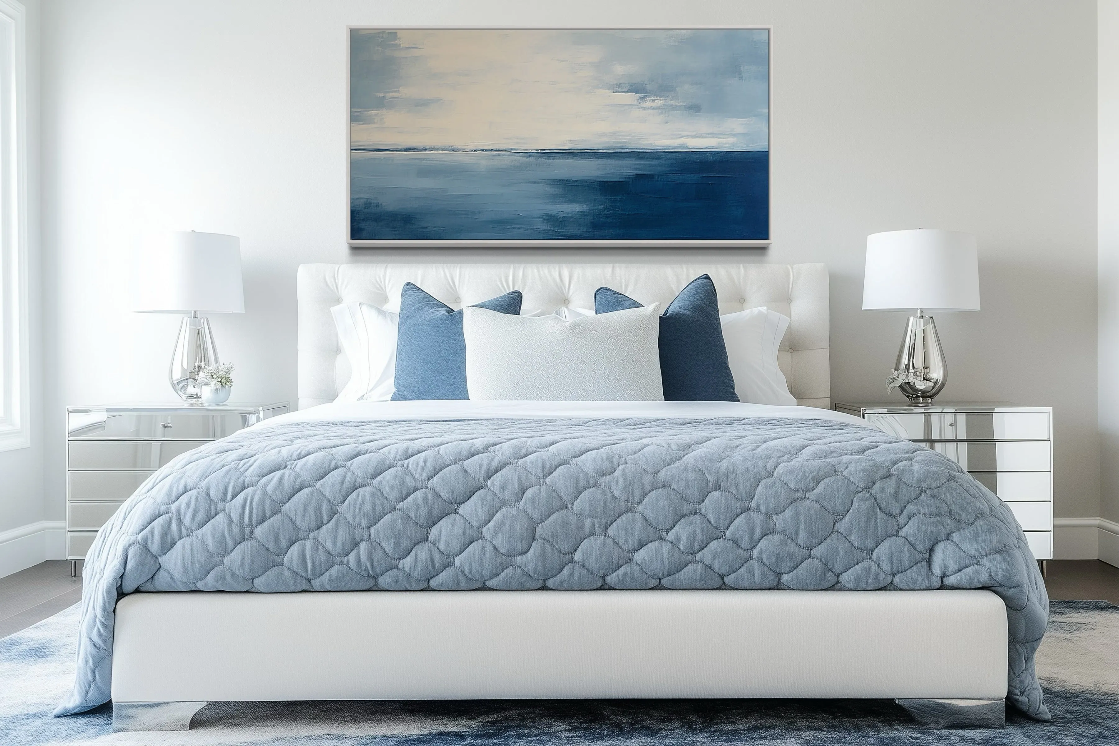 Abstract Minimalist Ocean Navy Blue Grey Framed Canvas Wall Art
