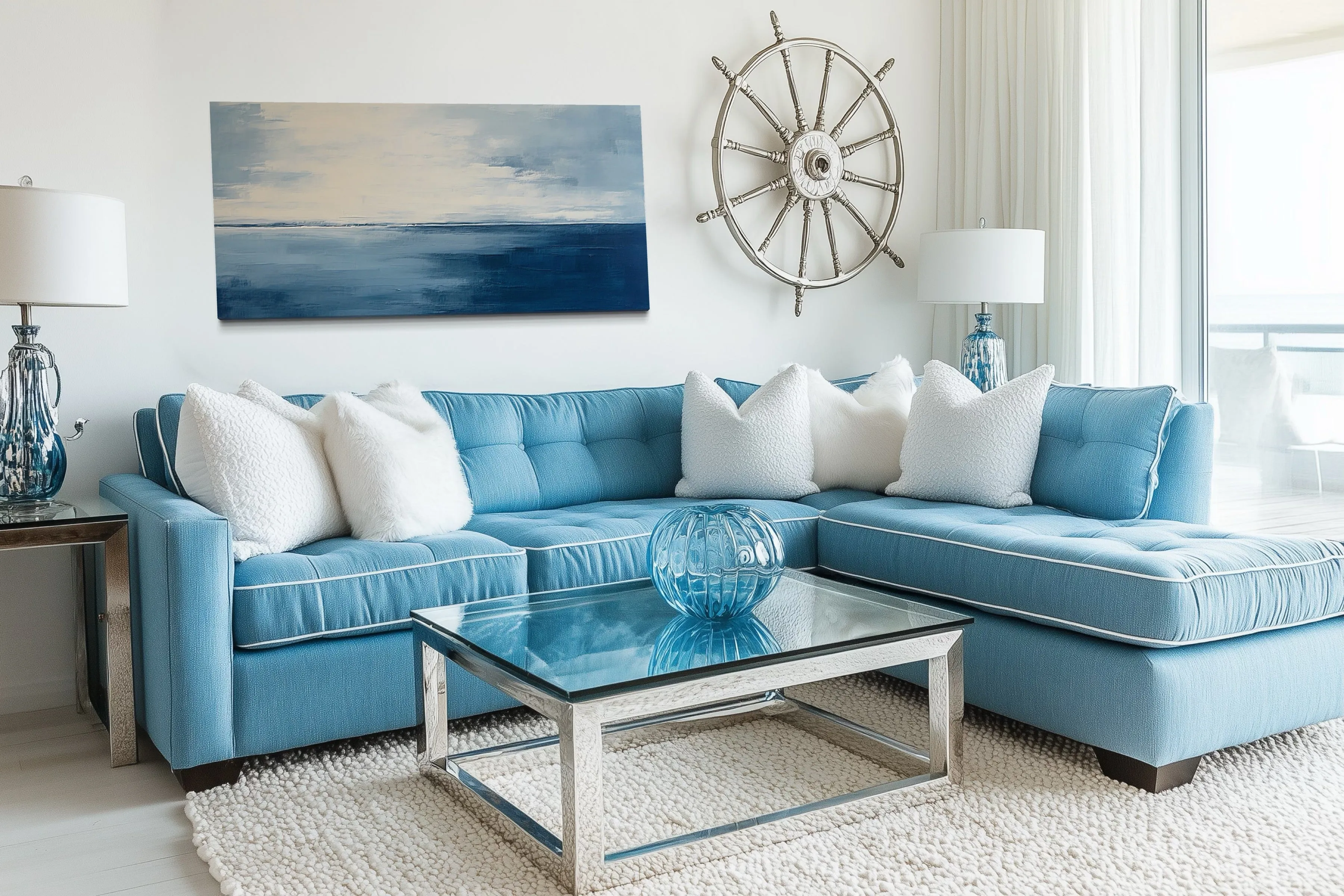 Abstract Minimalist Ocean Navy Blue Grey Framed Canvas Wall Art
