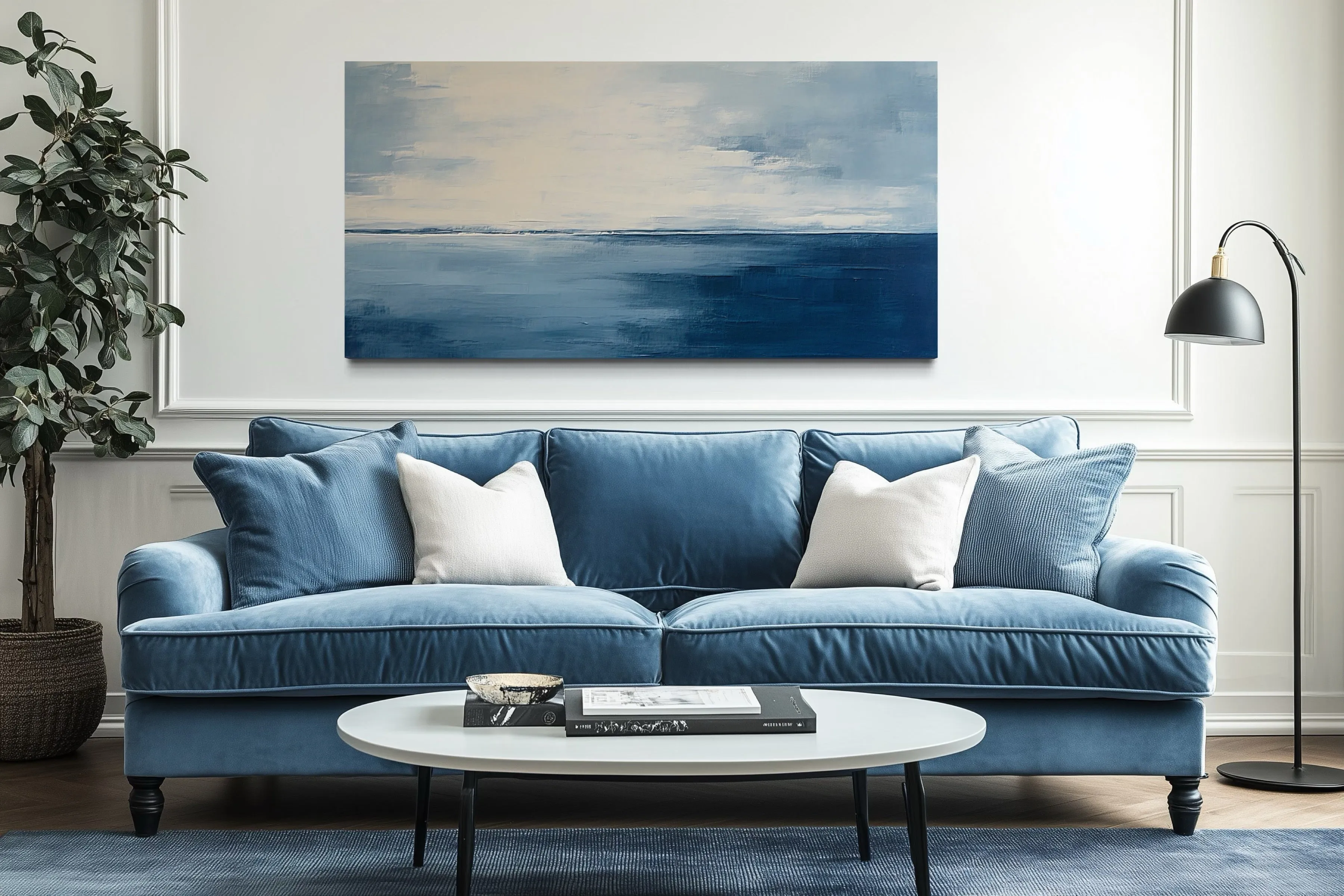 Abstract Minimalist Ocean Navy Blue Grey Framed Canvas Wall Art