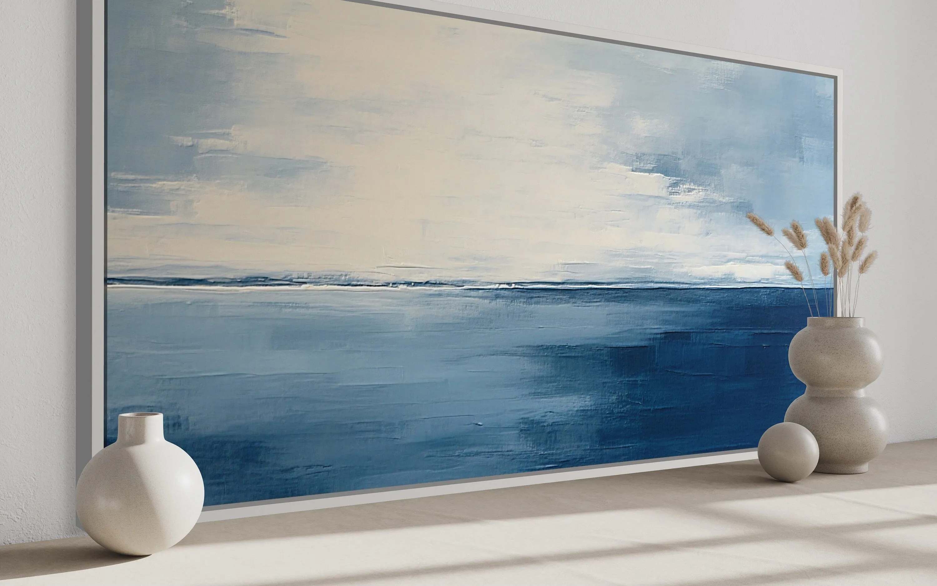 Abstract Minimalist Ocean Navy Blue Grey Framed Canvas Wall Art
