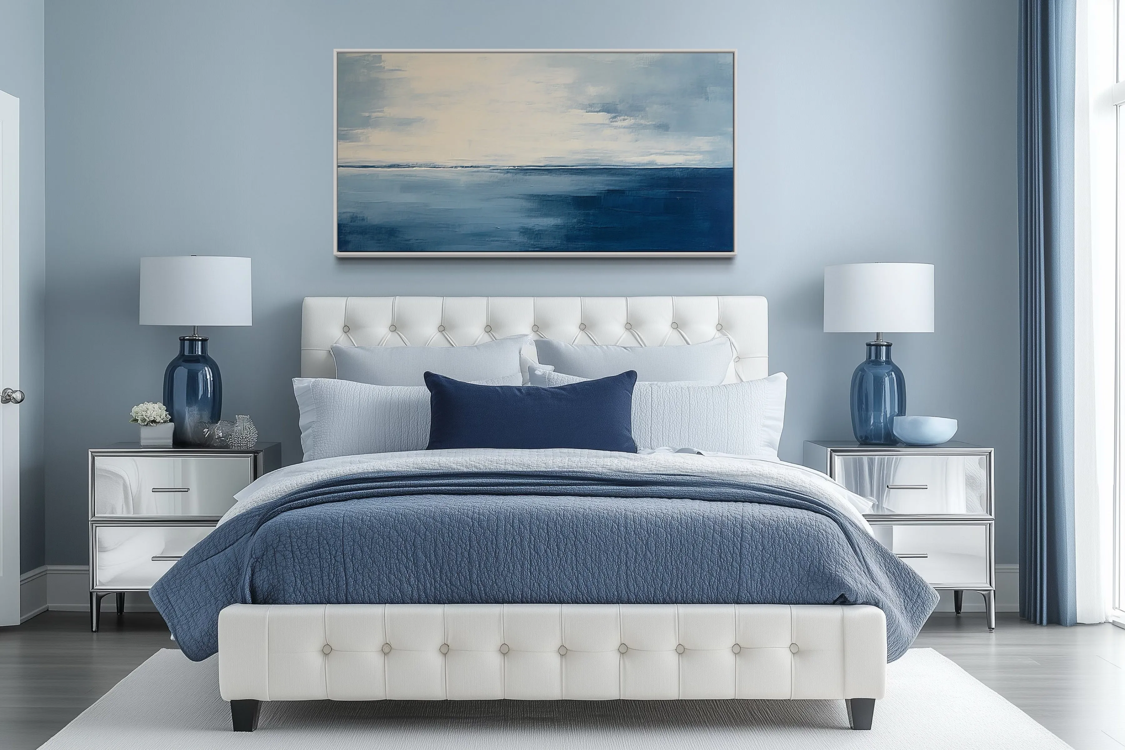 Abstract Minimalist Ocean Navy Blue Grey Framed Canvas Wall Art