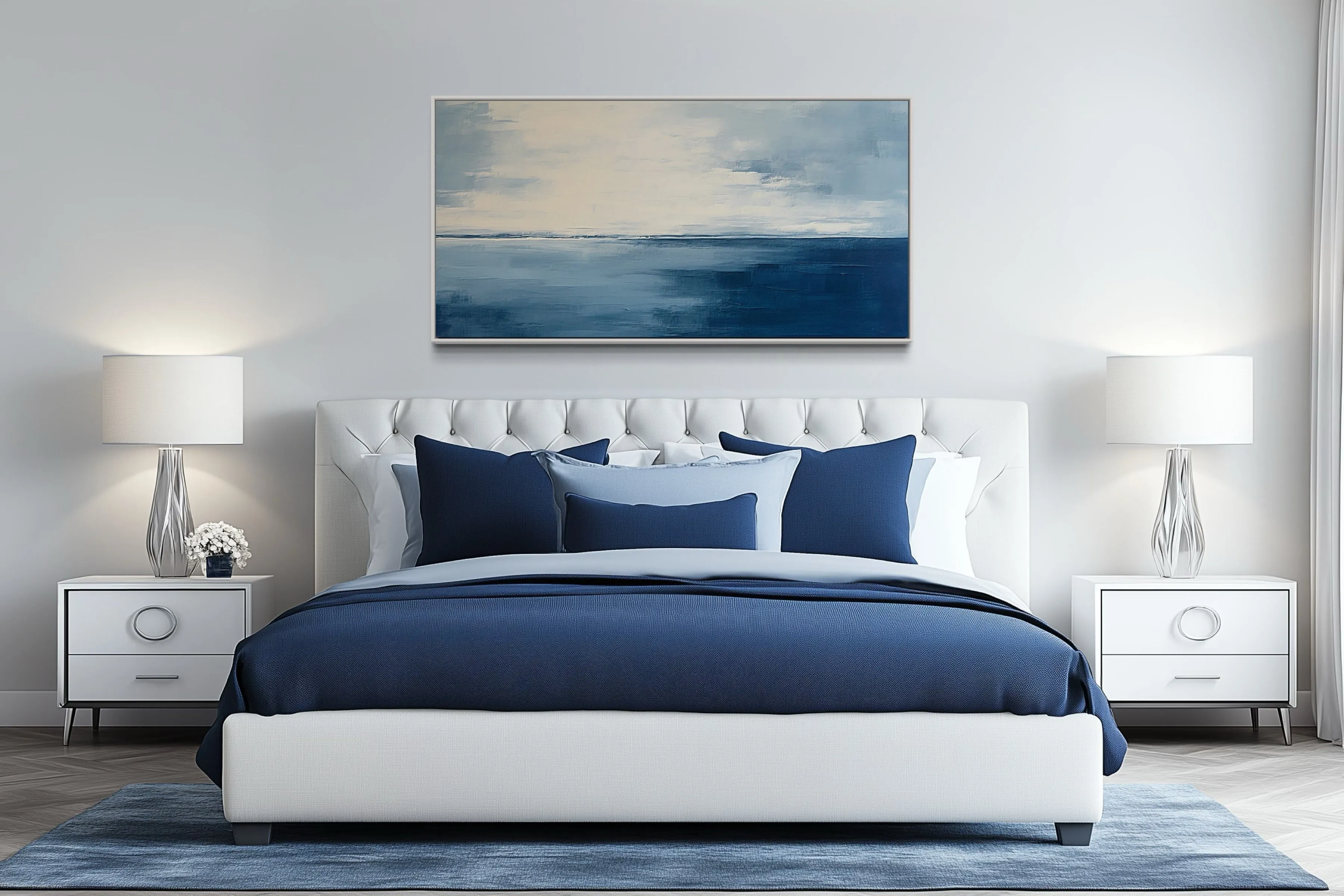 Abstract Minimalist Ocean Navy Blue Grey Framed Canvas Wall Art