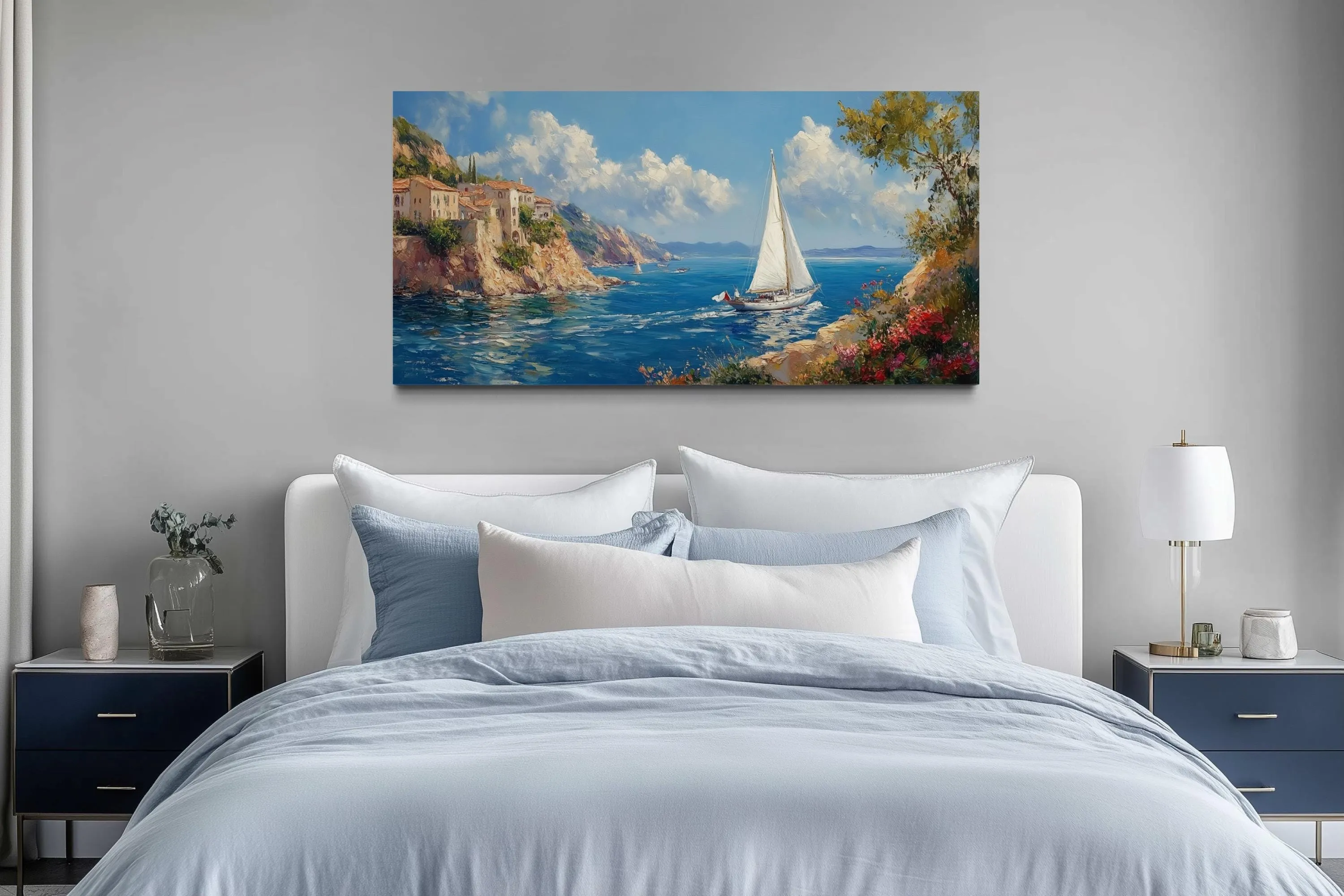 Amalfi Coast With Sail Boat Framed Canvas Wall Art