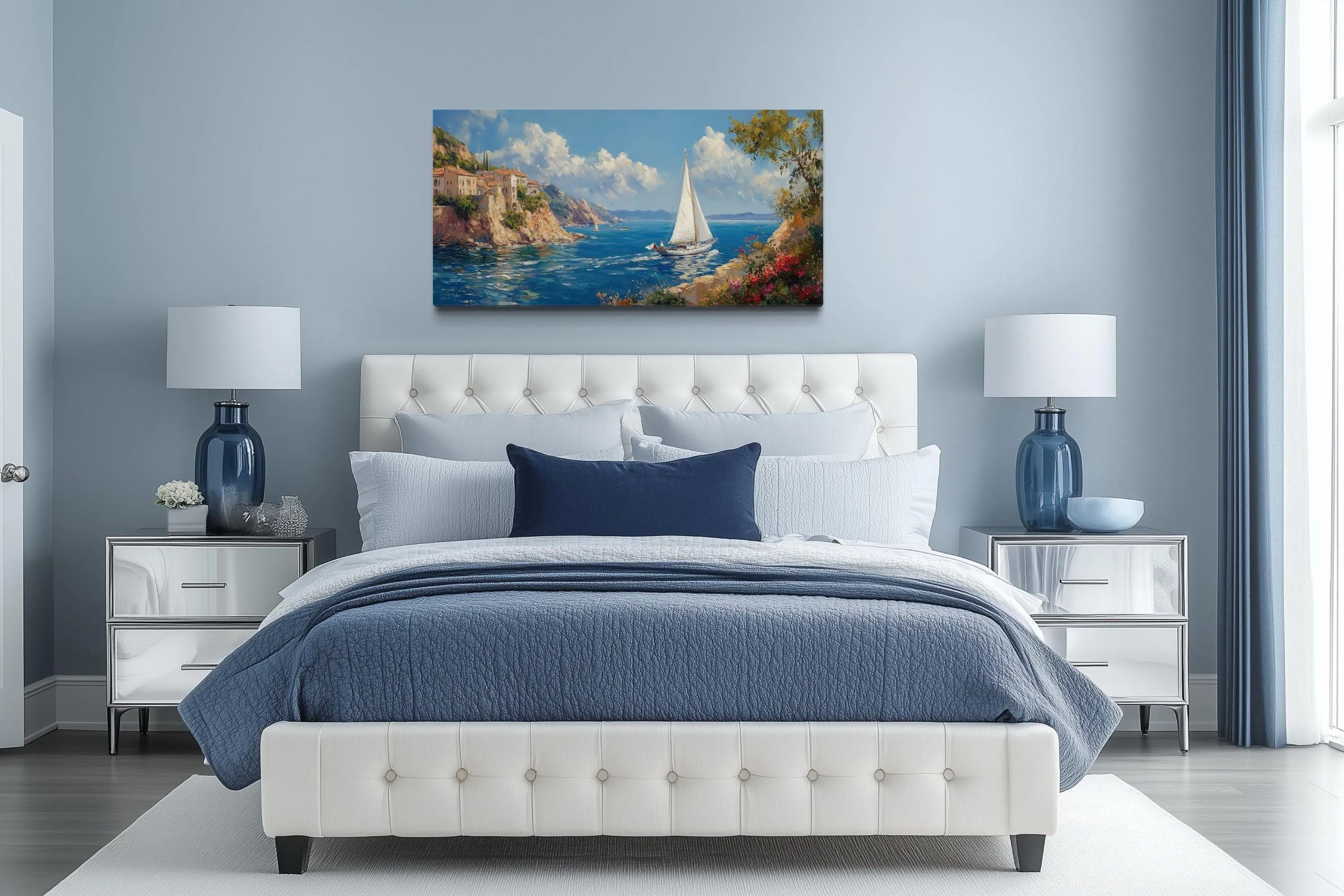 Amalfi Coast With Sail Boat Framed Canvas Wall Art