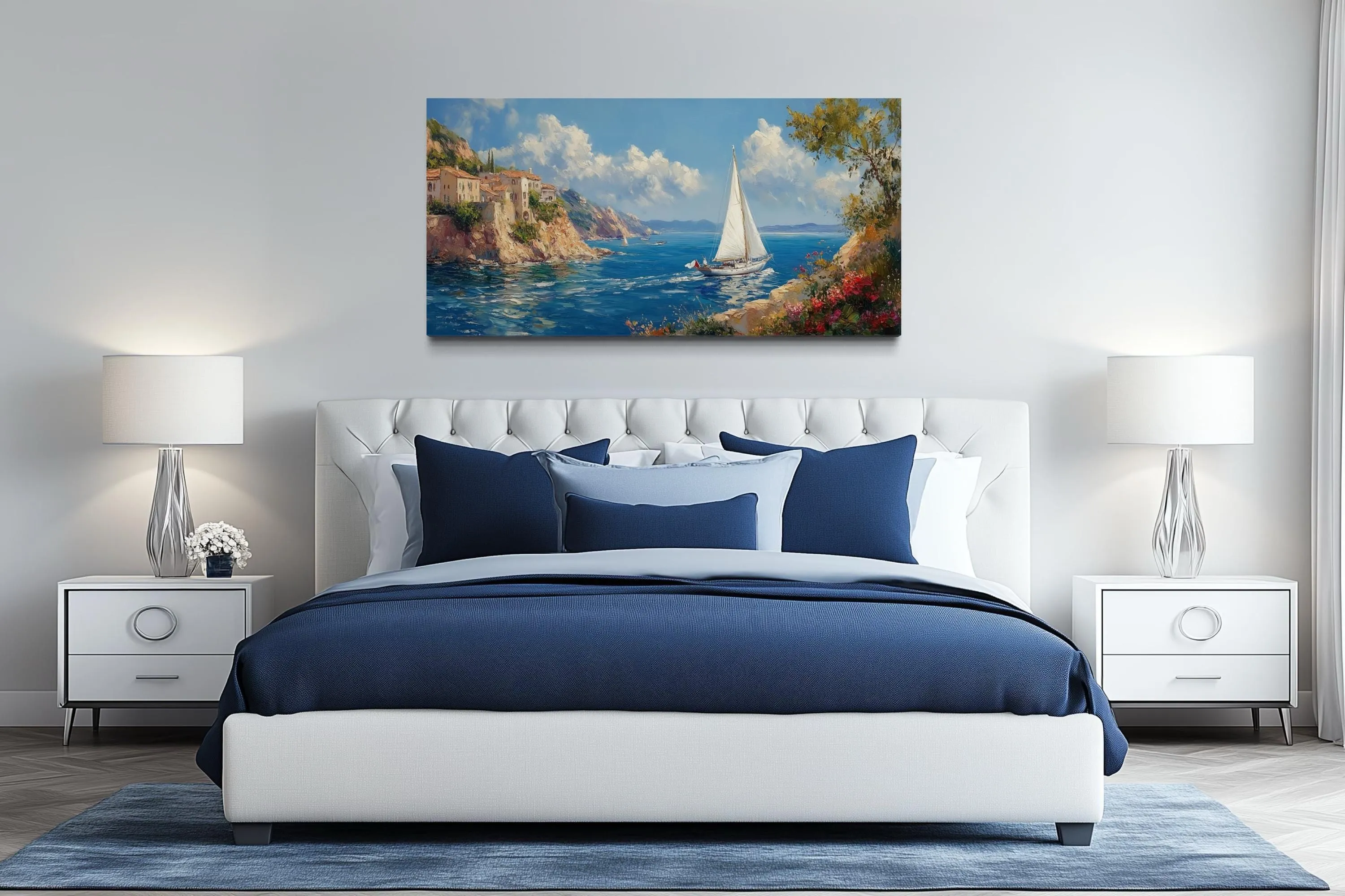 Amalfi Coast With Sail Boat Framed Canvas Wall Art