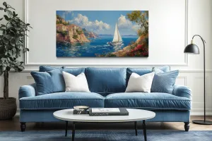 Amalfi Coast With Sail Boat Framed Canvas Wall Art