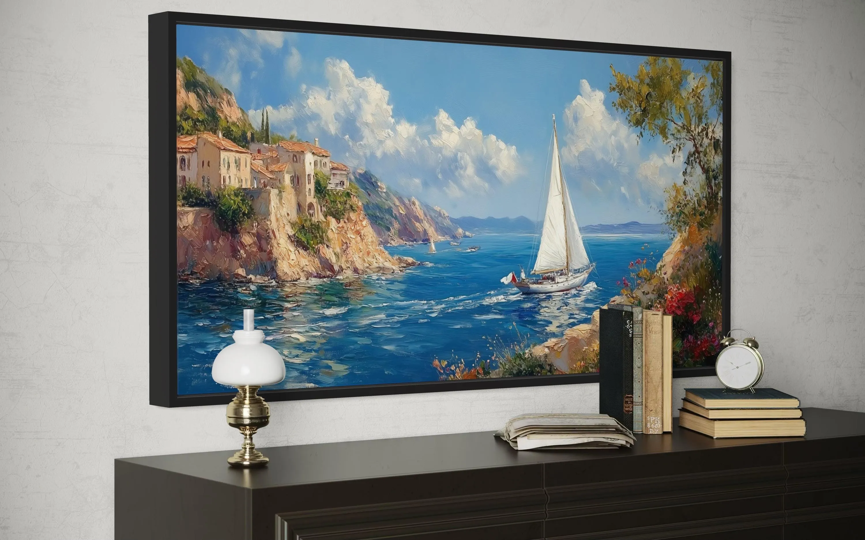 Amalfi Coast With Sail Boat Framed Canvas Wall Art