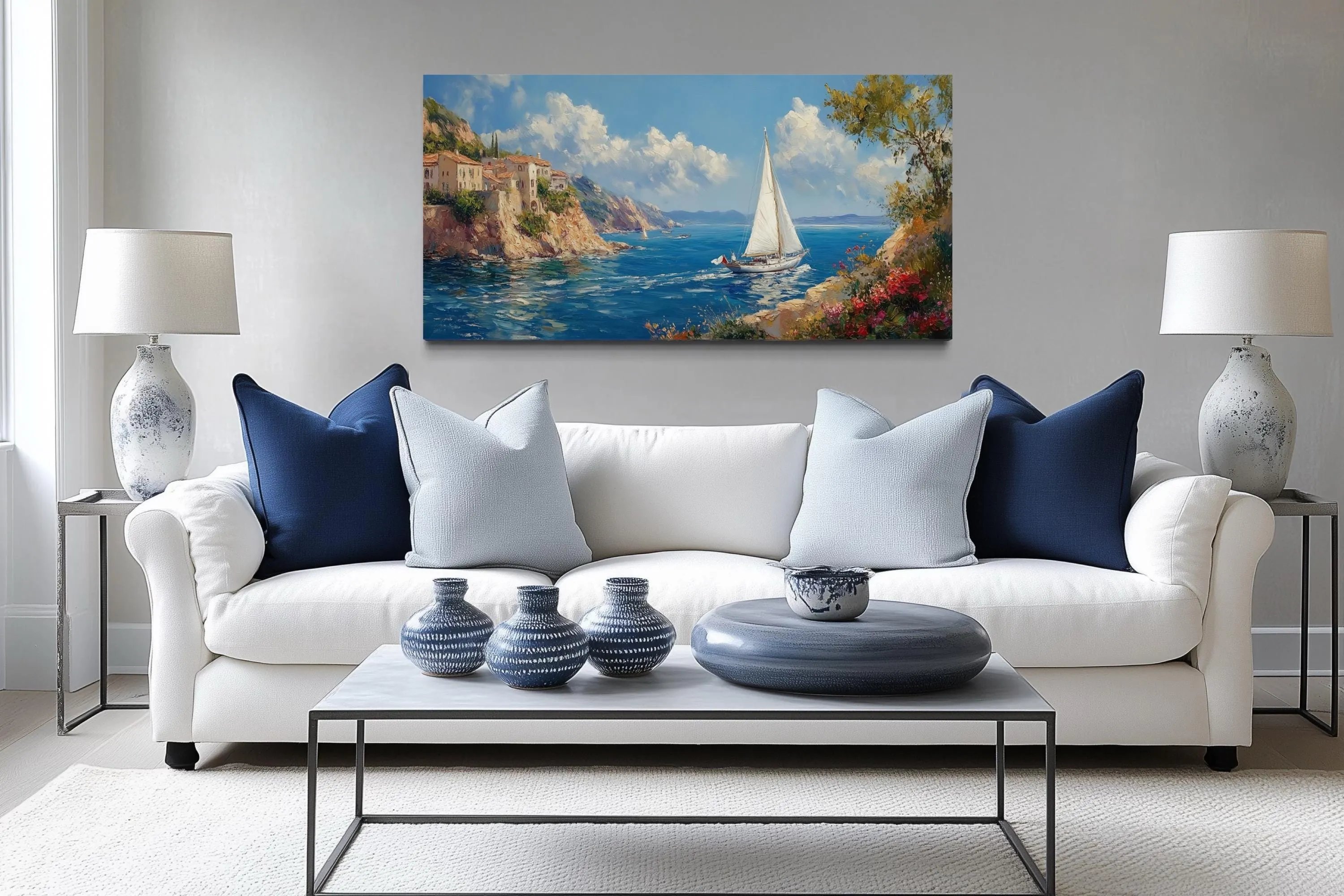 Amalfi Coast With Sail Boat Framed Canvas Wall Art