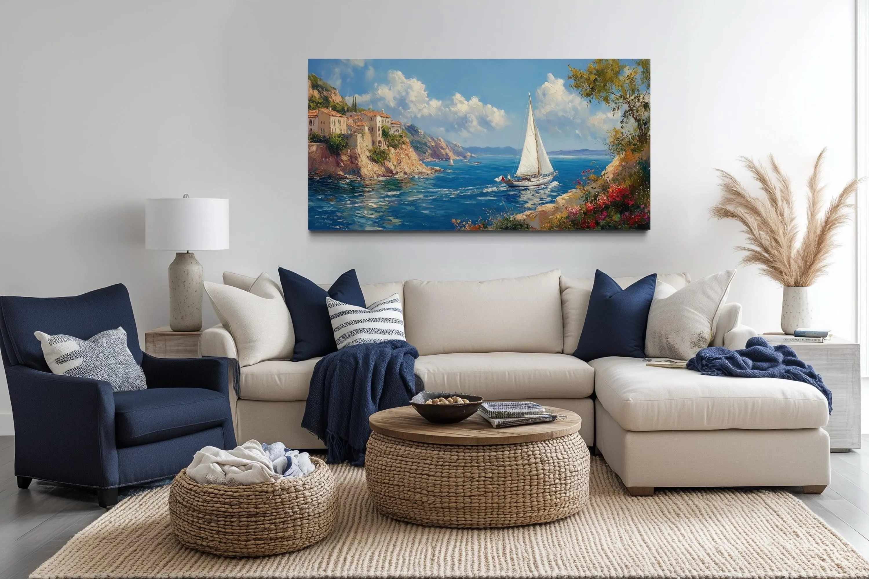 Amalfi Coast With Sail Boat Framed Canvas Wall Art
