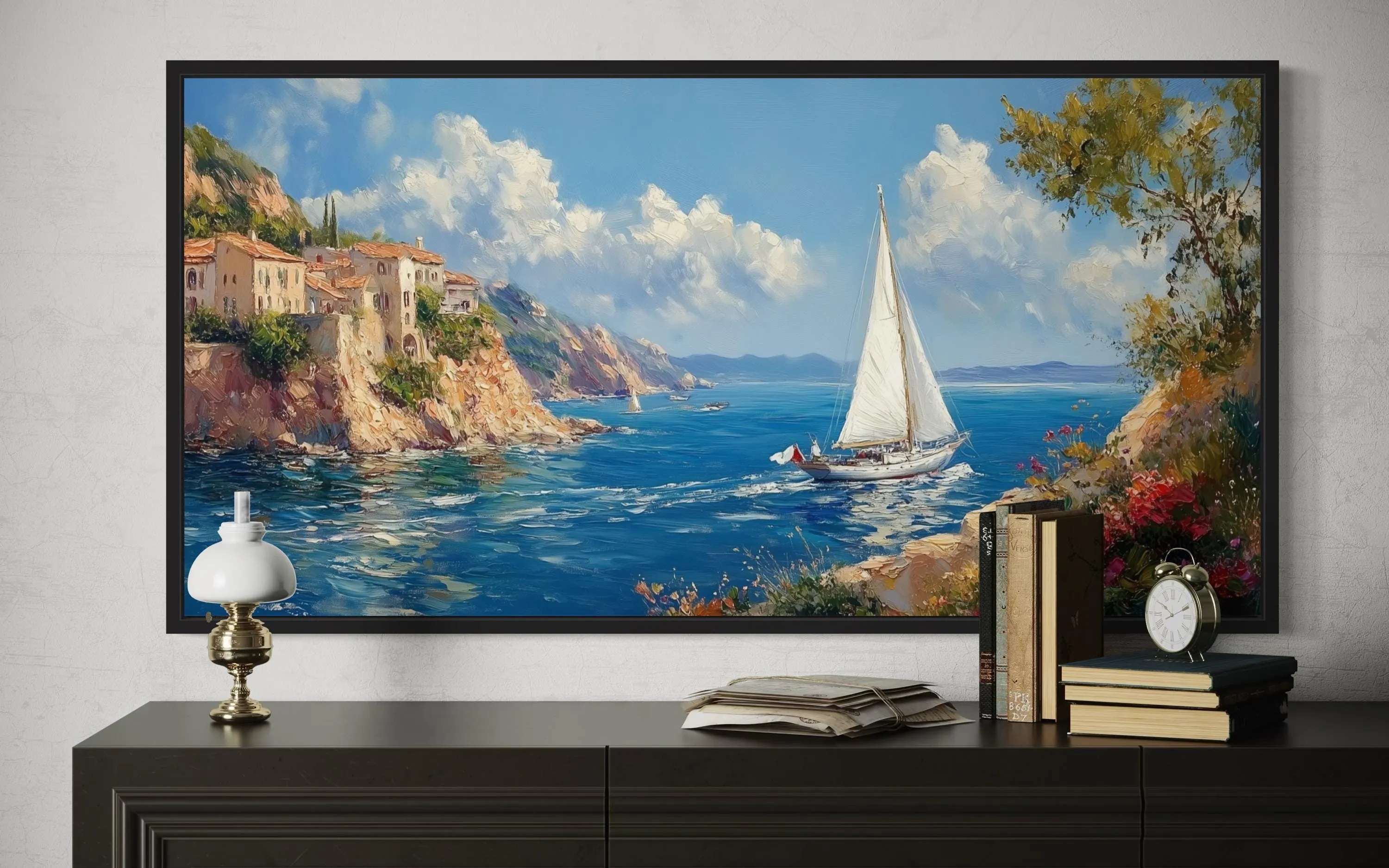 Amalfi Coast With Sail Boat Framed Canvas Wall Art
