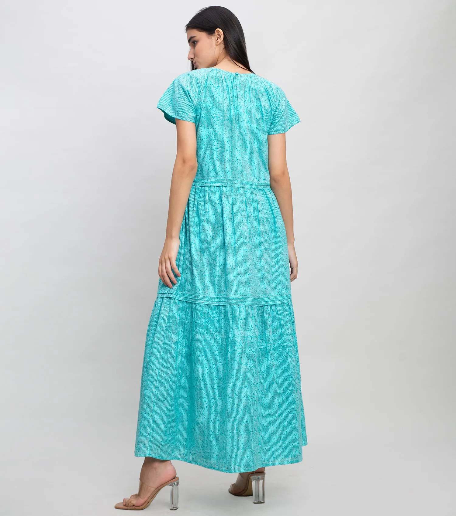 Aqua Blue Cotton Printed Maxi with Stitch line & Pleated Tier