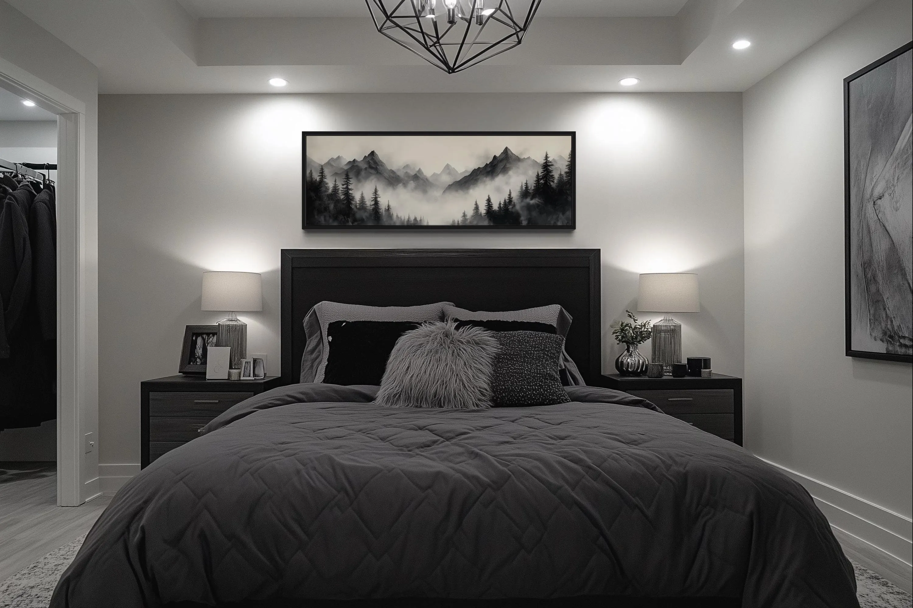 Black And Beige Watercolor Foggy Mountain Forest Long Horizontal Wall Art