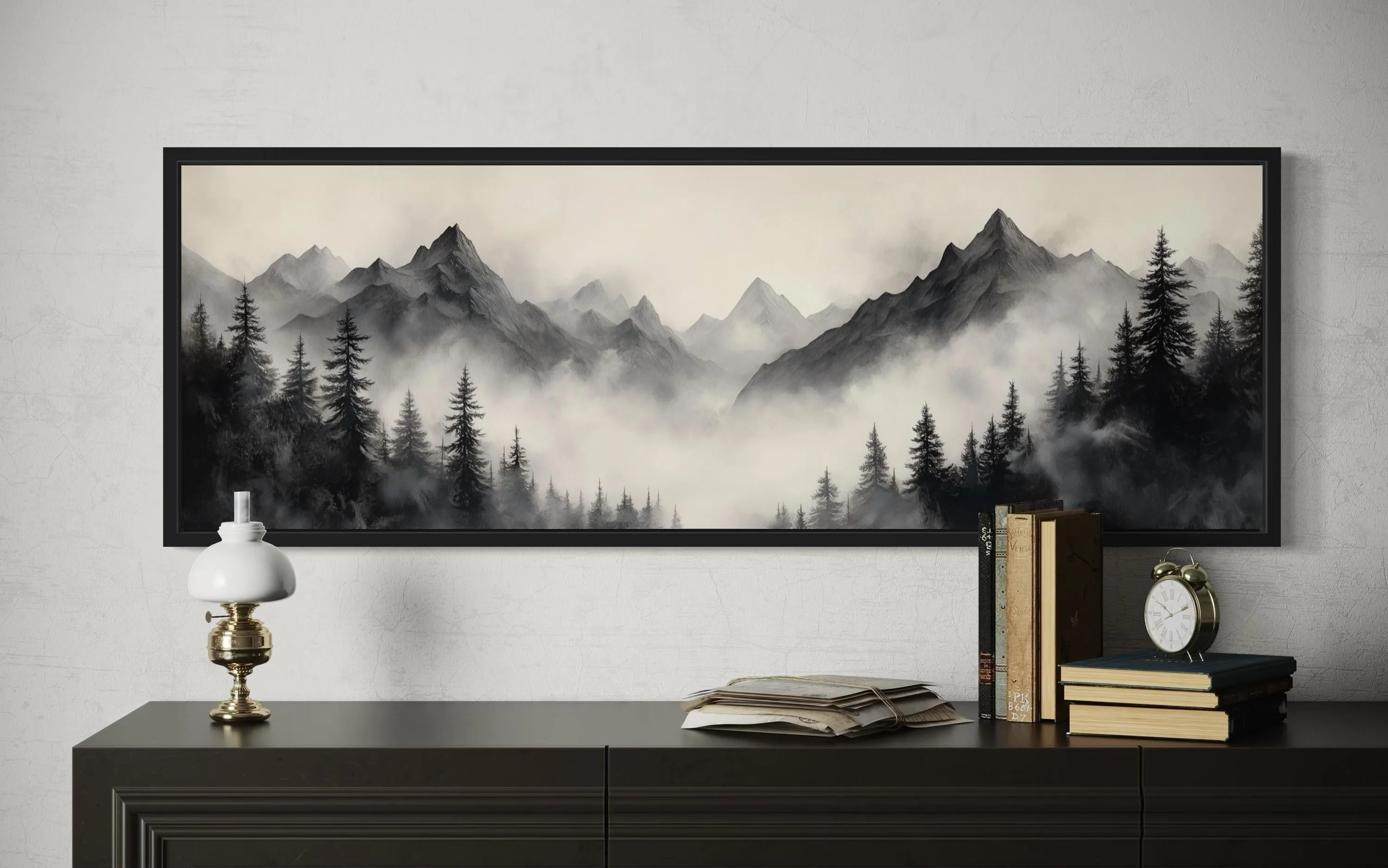 Black And Beige Watercolor Foggy Mountain Forest Long Horizontal Wall Art