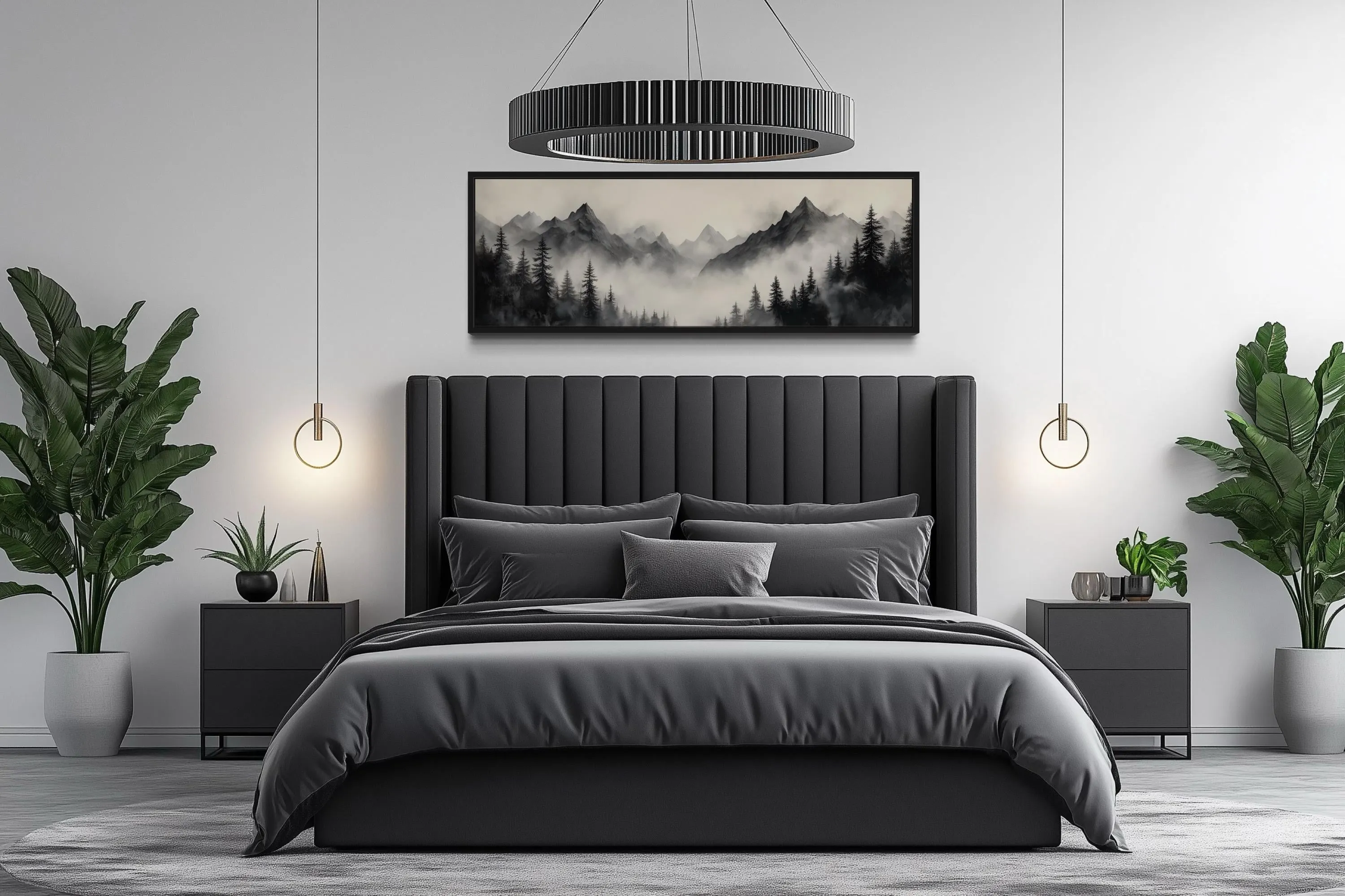 Black And Beige Watercolor Foggy Mountain Forest Long Horizontal Wall Art