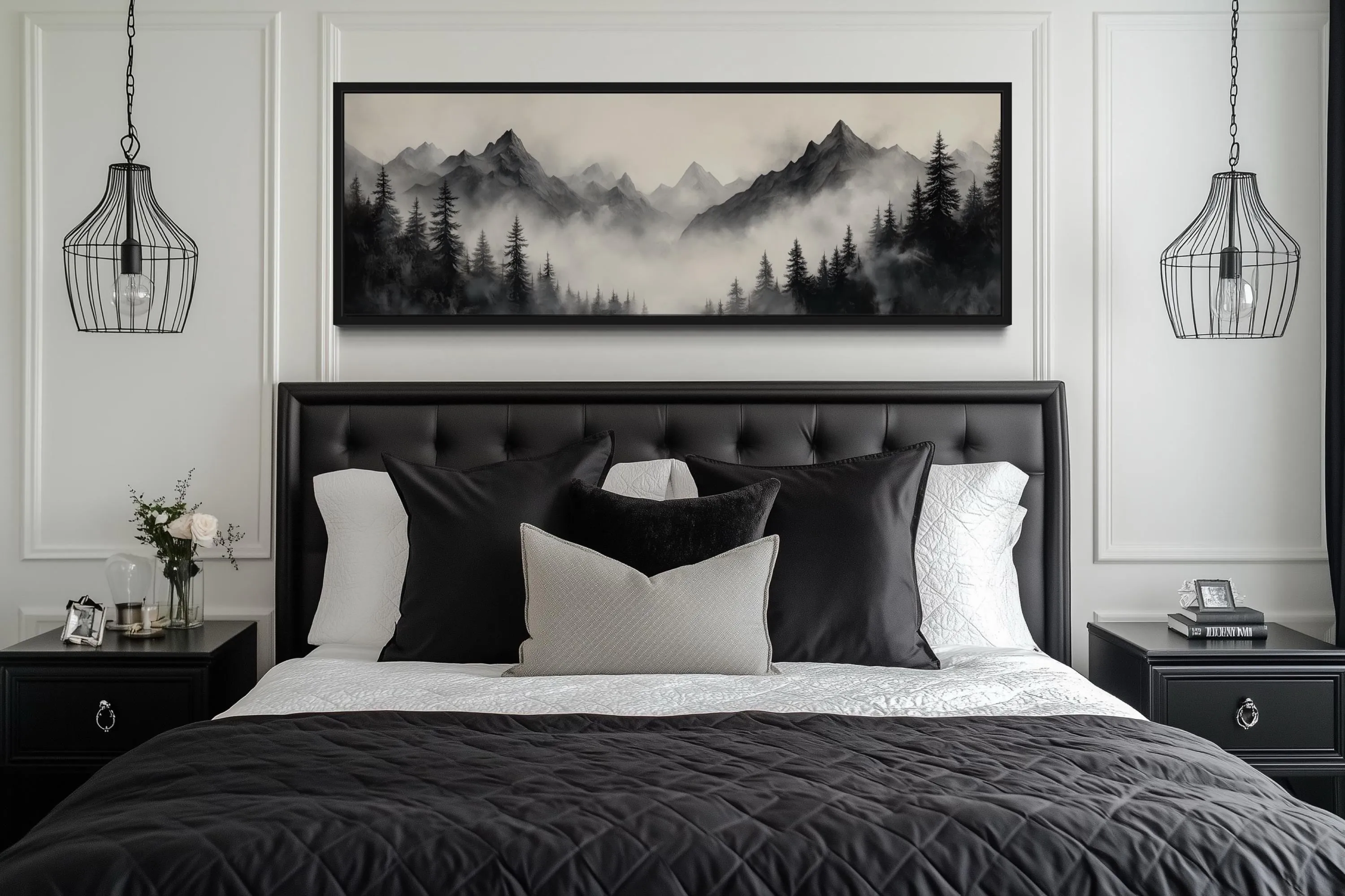 Black And Beige Watercolor Foggy Mountain Forest Long Horizontal Wall Art